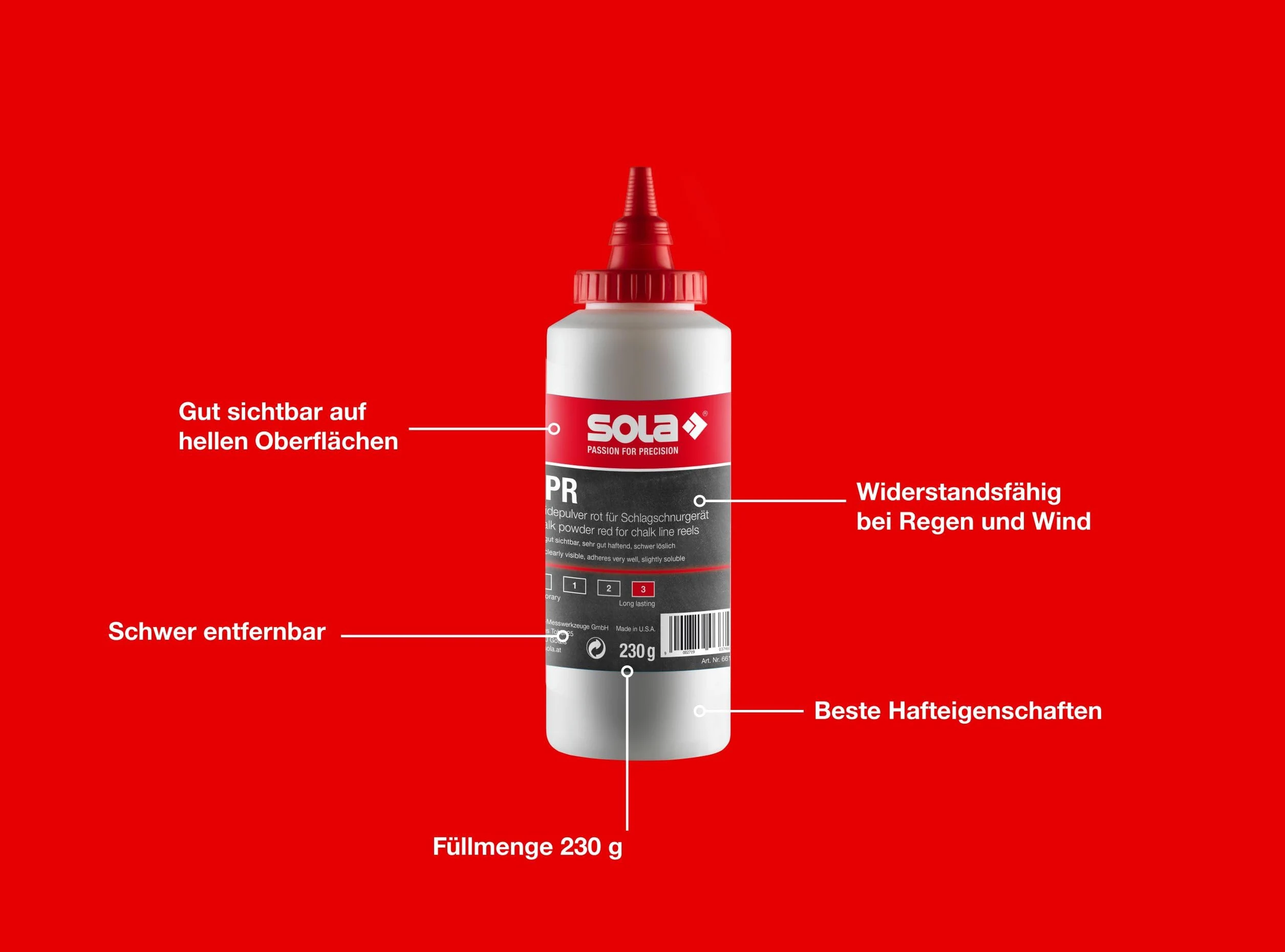 Sola CLKS Schlagschnur Set Rot - 30 m Markierschnur mit Kreide ROT [230 g] im praktischen Set - schneller Schnureinzug durch 6:1 Getriebe - großes und robustes Kunststoffgehäuse