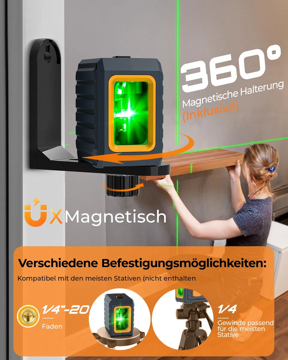 Laser Wasserwaage, CIGMAN Grüner Kreuzlinienlaser Selbstnivellierend Linienlaser, 30m Arbeitsreichweite, 360° Umschaltbar Vertikale/Horizontale Laser IP54 Wasserschutz inkl. 2*AA Batterien, CM-G01