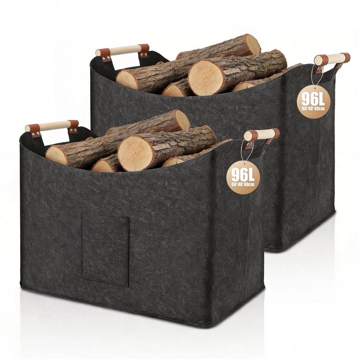 Faltbarer Holzkorb für Kaminholz 96L,Kaminholzkorb,Feuerholzkorb,Korb für Kaminholz, Brennholzkorb Filzkorb extra dicker Filz,Holzkorb für Kaminholz,verstärkter Griff (Dunkelgrau - 2 Stück)