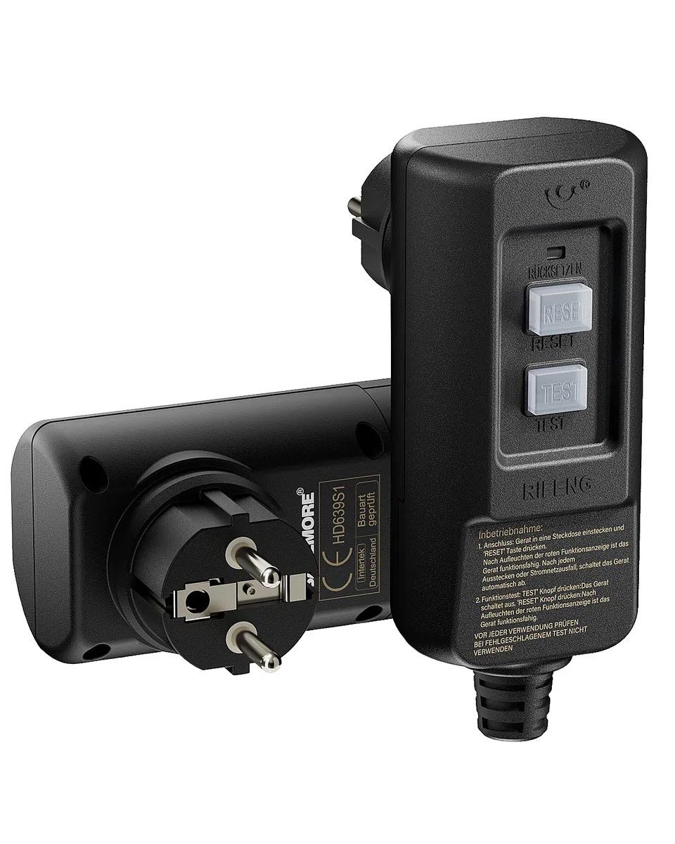 PRCD Personenschutzstecker 30mA, 230V/16A FI Schutzschalter Steckdose – Geprüft nach EN 61008/61009, mit Anzeige & Testtaste, IP54 – Für Haushalt, Garten & Medizingeräte