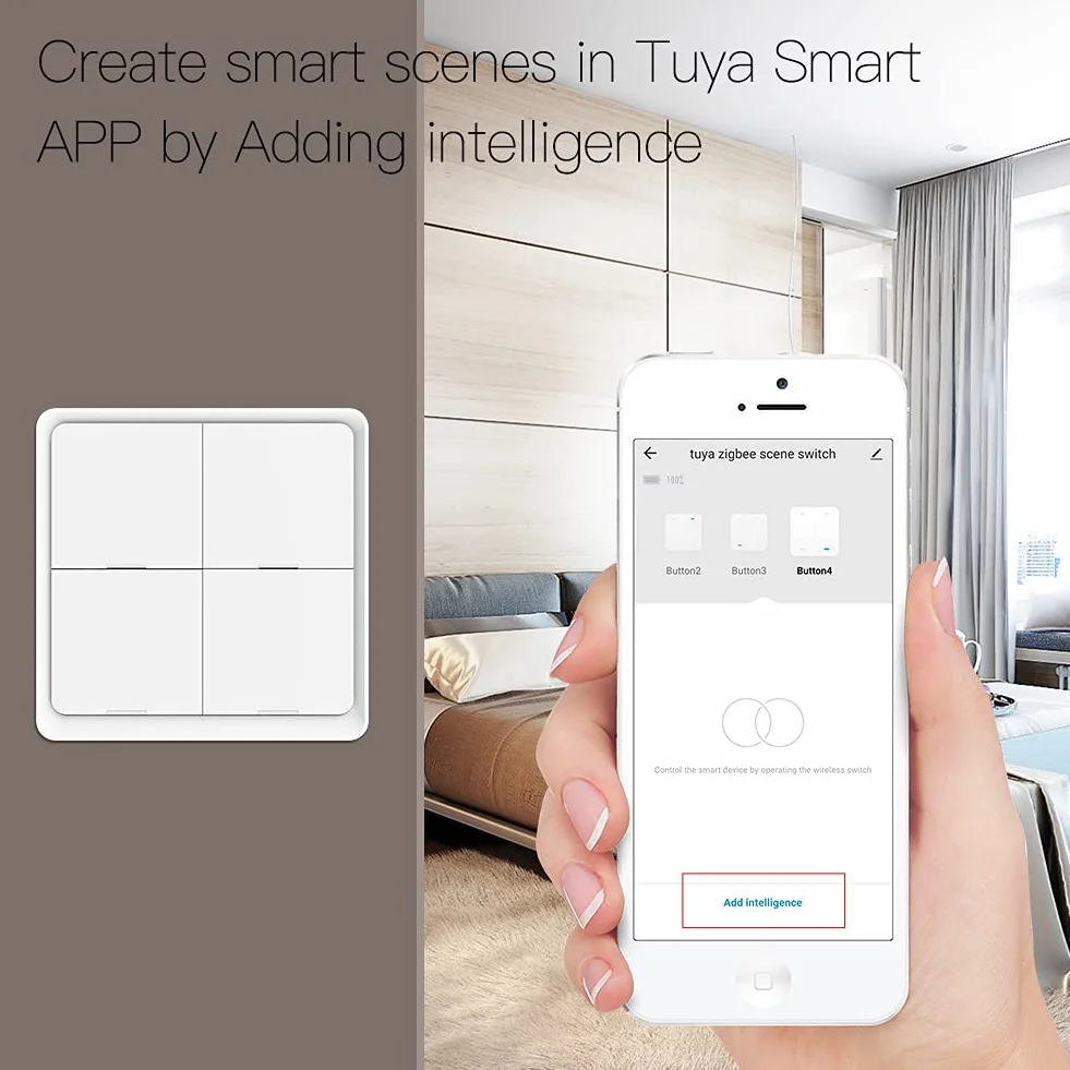 MOES ZigBee Szenenumschaltung Tuya Smart Device, 4 Tasten 12 Szenenwechsel, Smart Home Automation, erfordert MOES ZigBee Gateway, Batterie enthalten, weiß