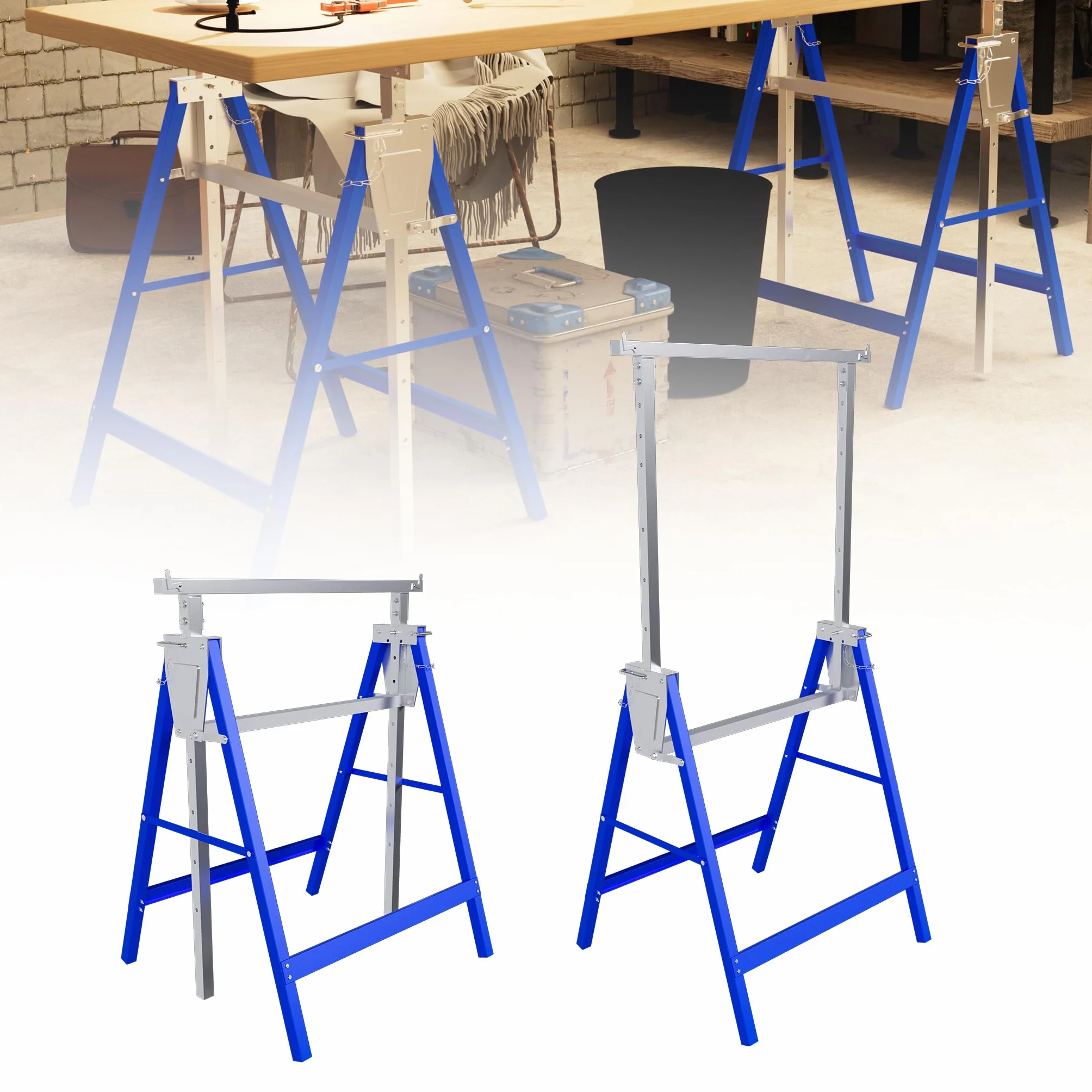 YRHome Höhenverstellbarer Arbeitsbock 2er Set, Stahl Klappbare Unterstellböcke, Tragkraft 150 kg pro Bock, 7 Stufen Verstellung 80-130 cm, Robuste böcke als Gerüstbock für Werkstatt & Baustelle