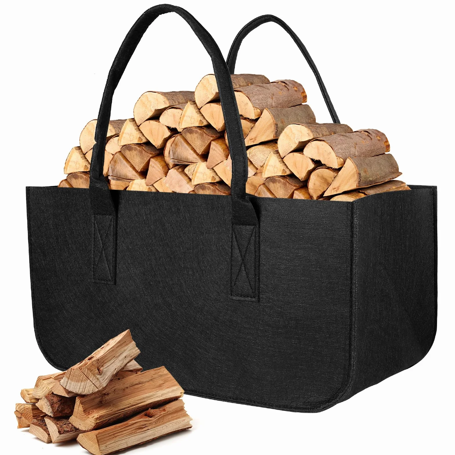 AiQInu Filztasche Schwarz Kaminholztasche Einkaufstasche Einkaufskorb Filz Zeitungsständer Zeitungskorb 50x25x25cm, Aufbewahrungskorb für Holz, Zeitungen