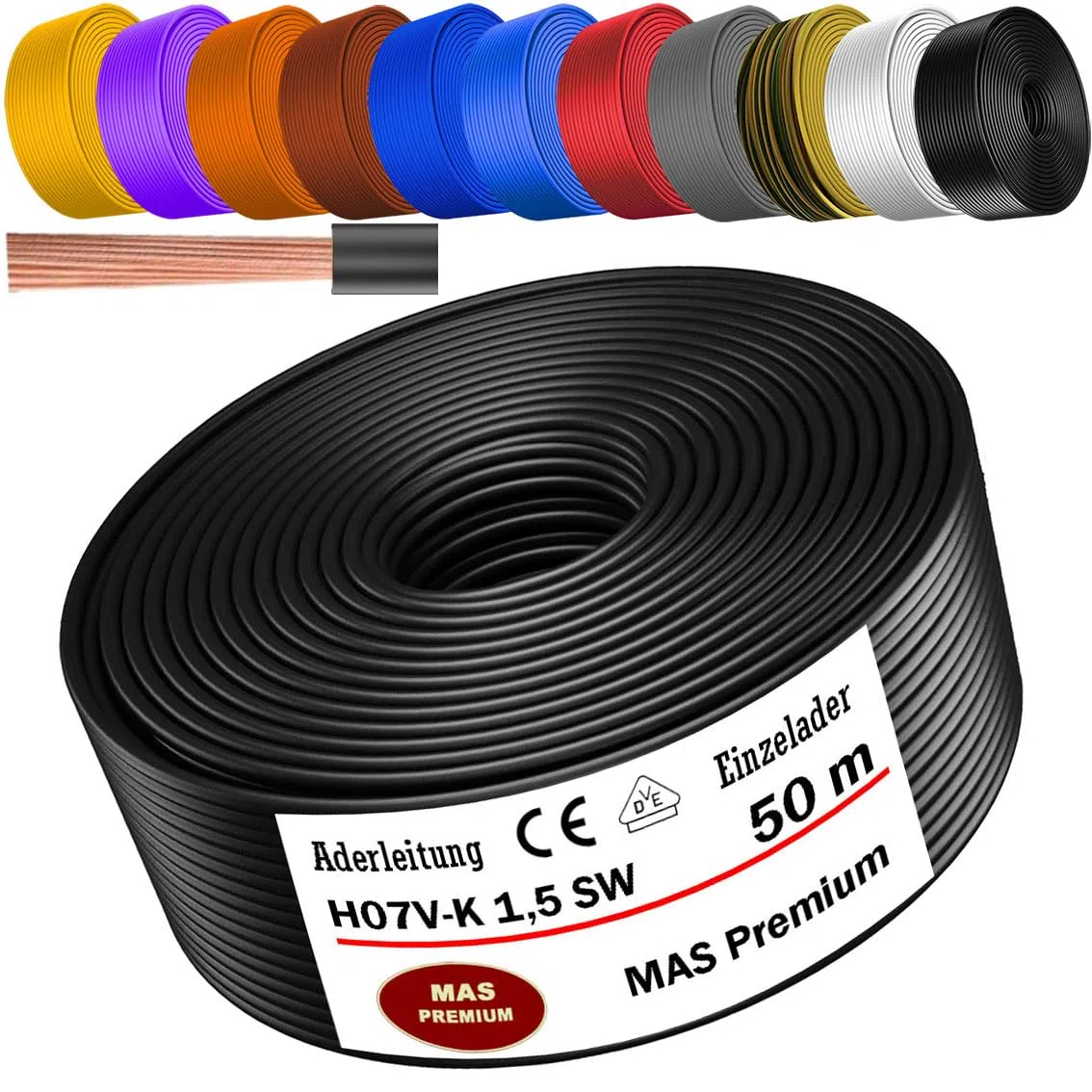 MAS Premium Von 5 bis 100m Aderleitung H07 V-K 1x1,5 mm² SW HBL GNGE GN RT DBL BR OR GR WS VIO U-MAR.BL RS RTWS DBLWS oder GE Einzelader flexibel (Schwarz, 50m)