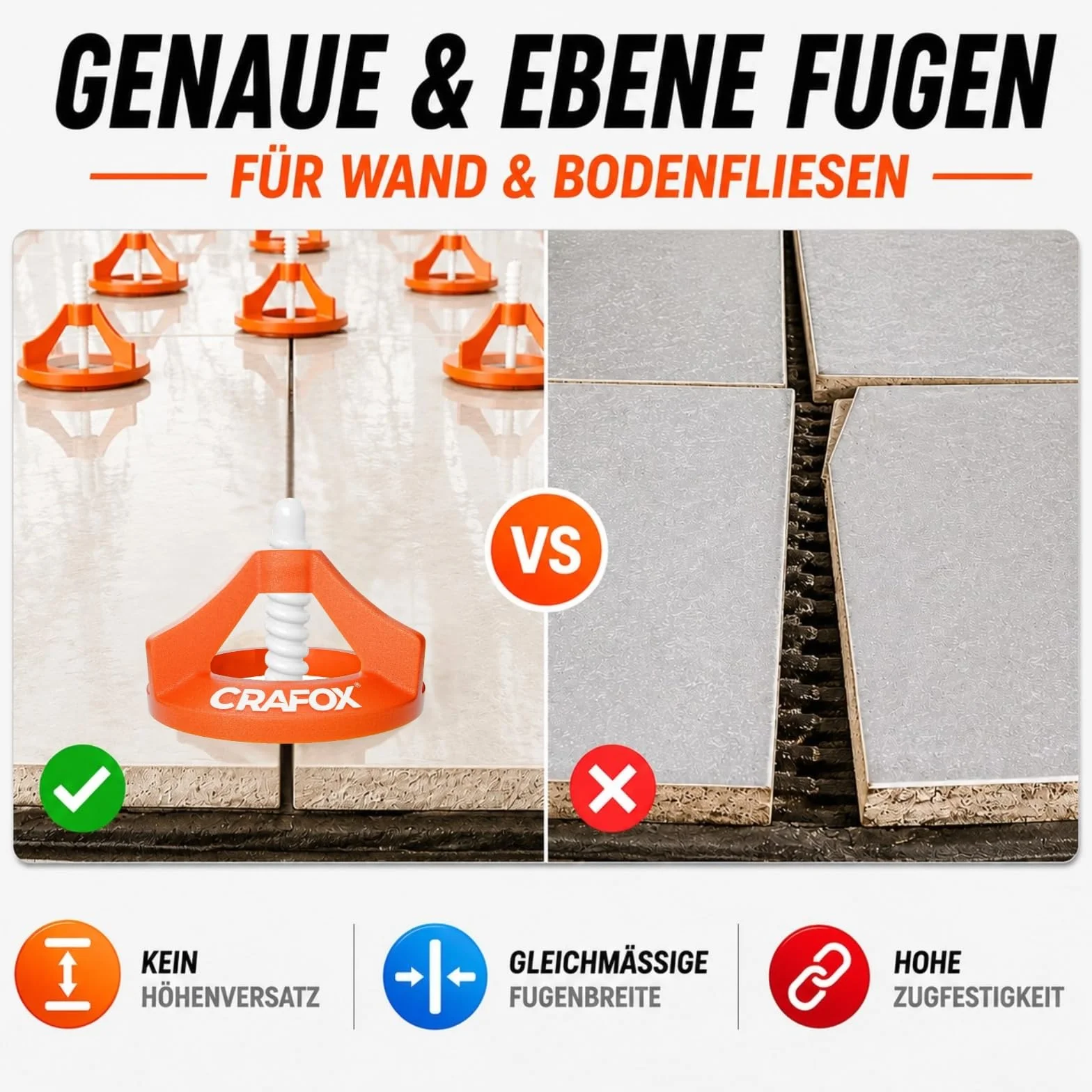 CRAFOX Fliesen Nivelliersystem 2mm – 150 Laschen & 100 Hauben – Perfekte Fugen ohne Versatz – Profi Fliesen Abstandshalter – Verlegehilfe Plan für Profi & Heimwerker - STARTER Set