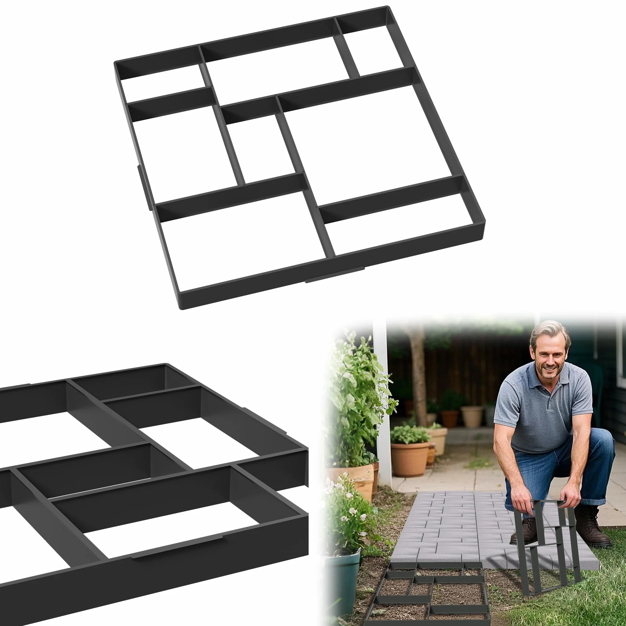 YRHome Betonform Garten Kunststoff Pflasterform Garten Trittsteine Schwarz Pflastersteine Streichen DIY Beton Gießform Für Gehwegen, Garten, Rasenbahnen-Quadrat Model 1(8 Kammer)-2 Stück