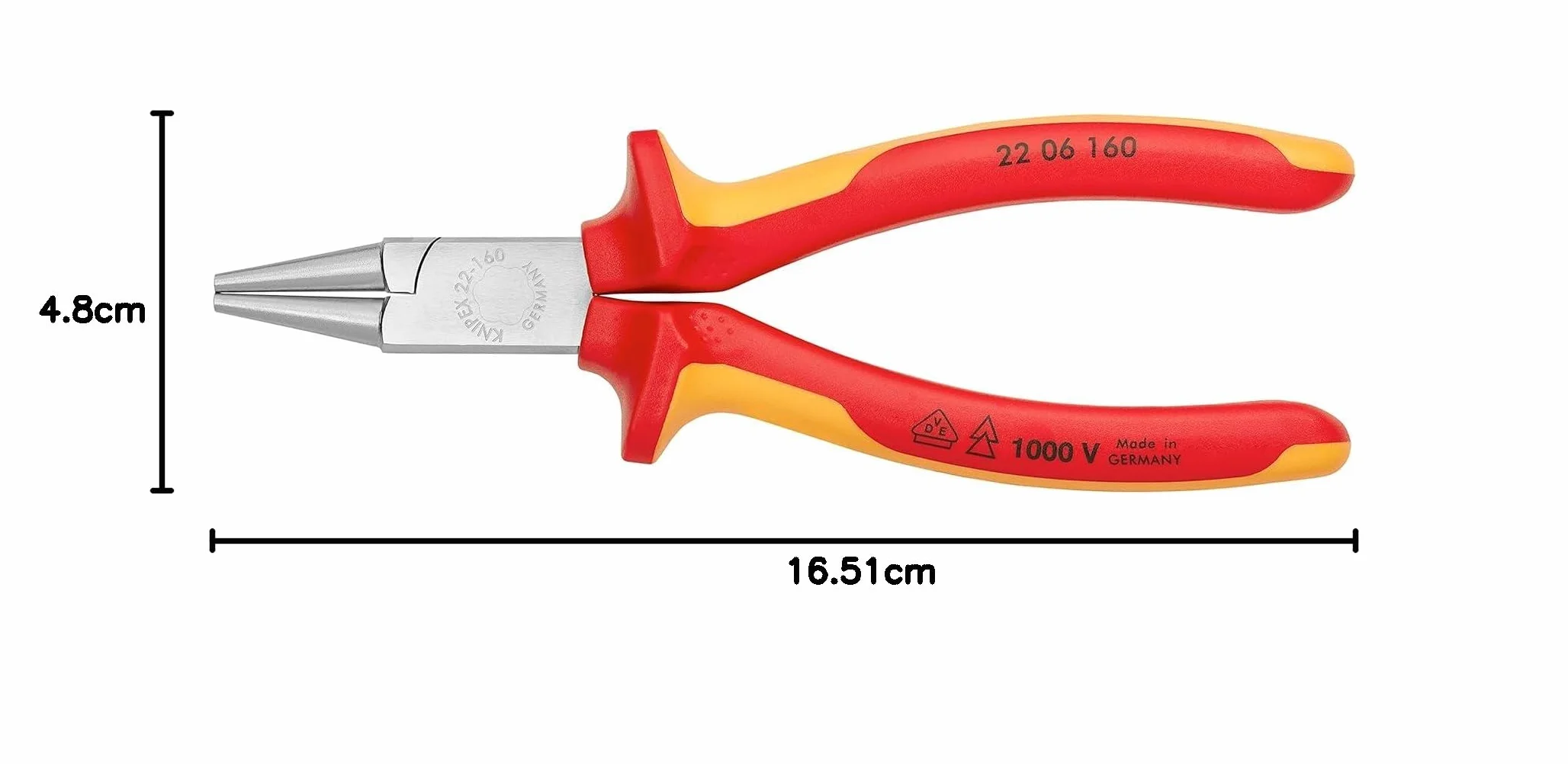 KNIPEX Rundzange verchromt isoliert mit Mehrkomponenten-Hüllen, VDE-geprüft 160 mm, 22 06 160