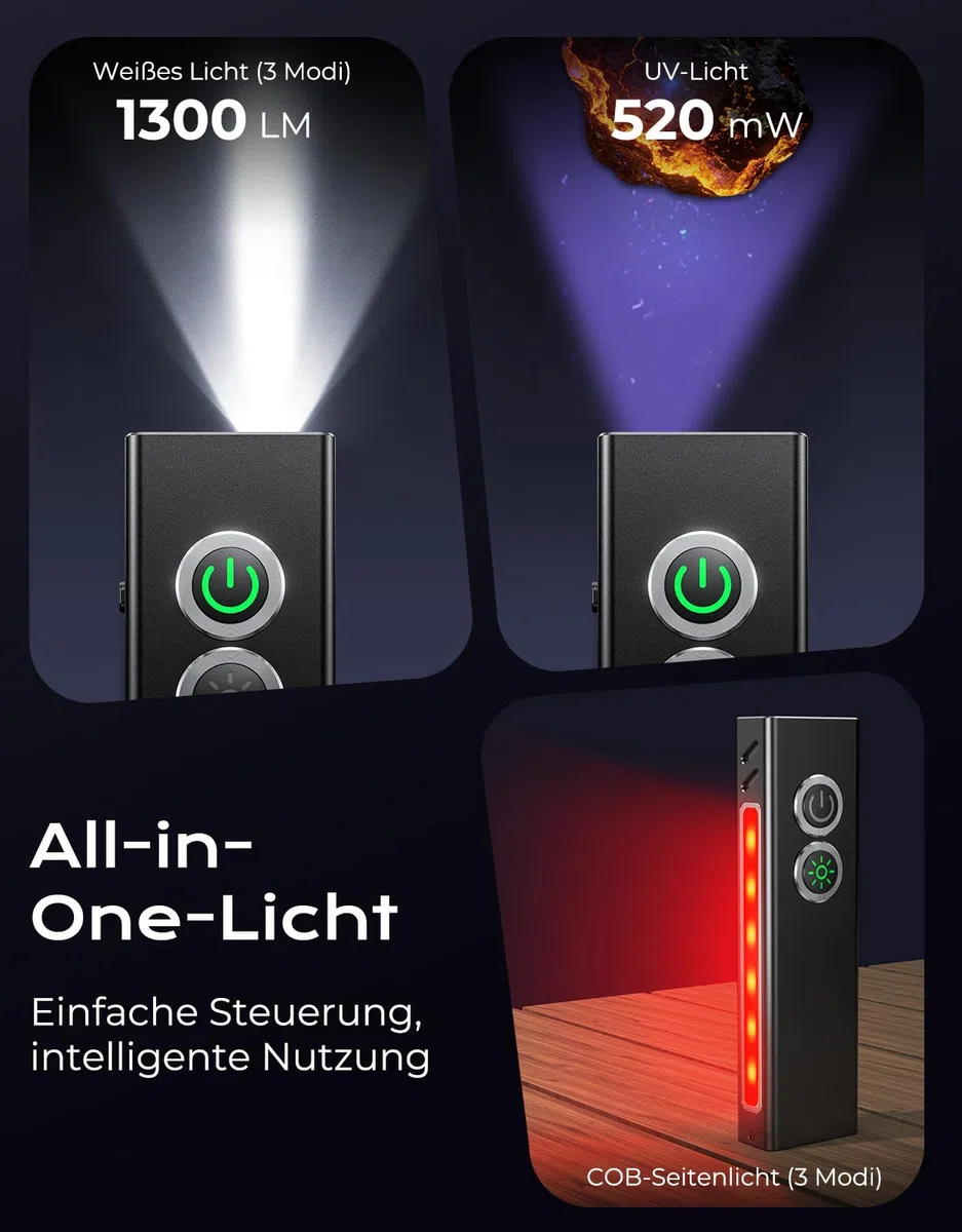 Babacom 1300LM Taschenlampe Led Aufladbar, Aluminiumlegierung Mini Taschenlampe 1,5 M Fallschutz, & Wasserdicht IP44, 7 Lichtmodi, USB Wiederaufladbare Mit Magnet & Clip Für Camping, Outdoor, Notfälle