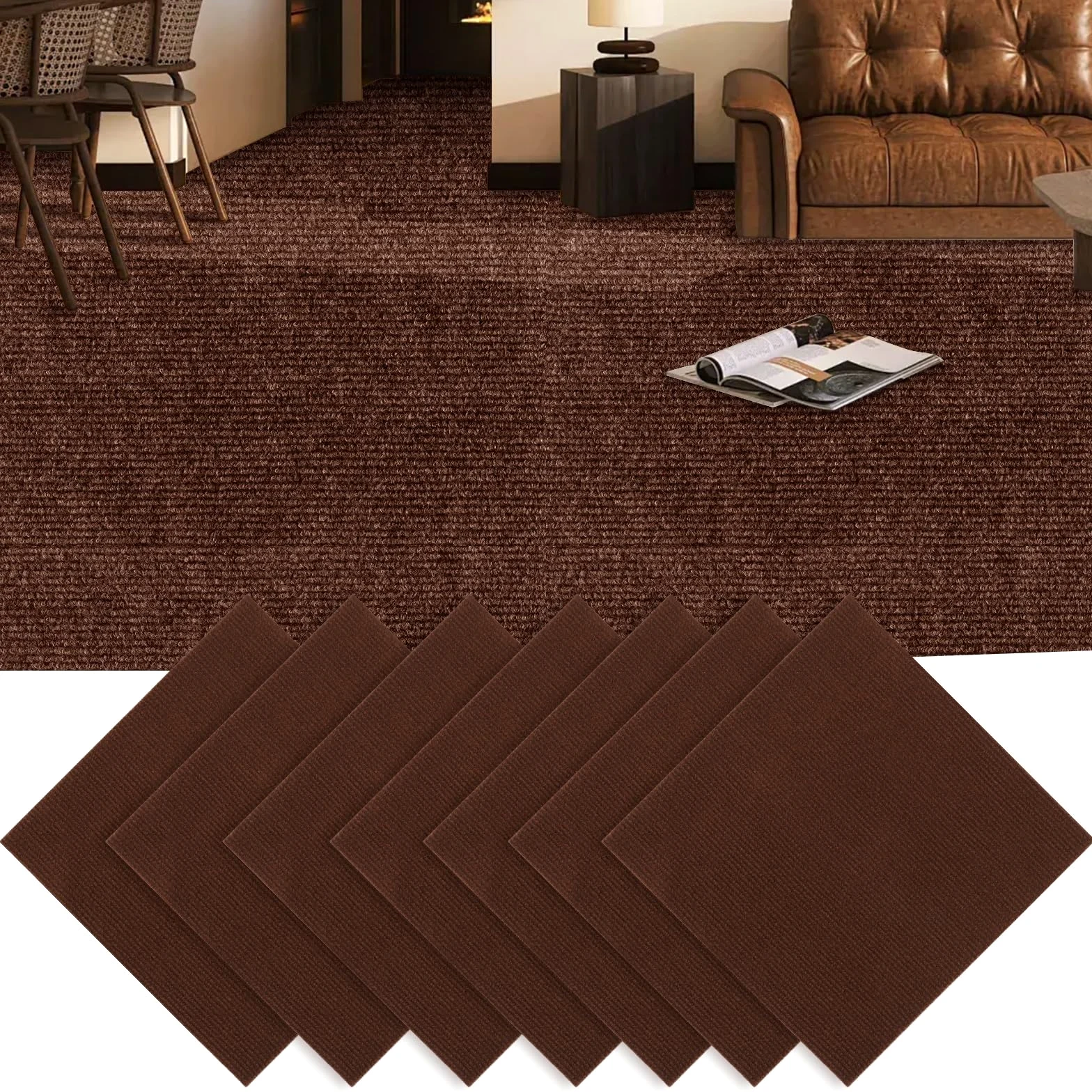 30 Stück Teppichfliesen 30x30 cm, Teppichfliesen Selbstklebend, Teppichboden, Teppich Fliesen, Teppichfliesen Selbstliegend für Büro, Wohnzimmer, Balkon (Braun)