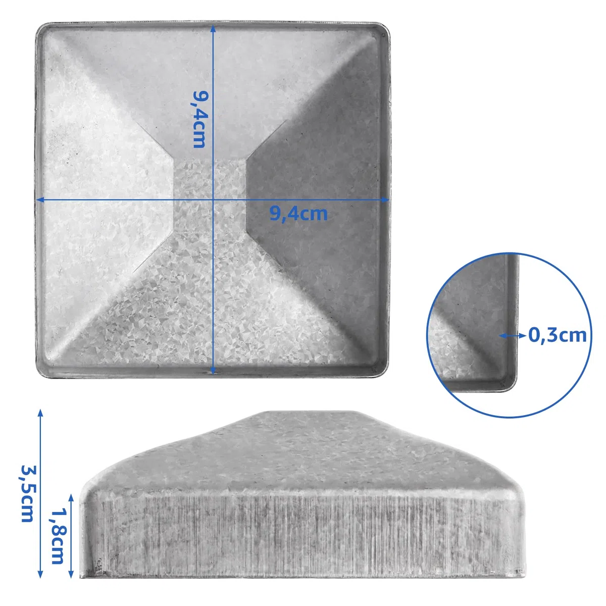 24 Stück Pfostenkappe 9x9 cm, Edelstahl Zaunpfosten Kappen pfostenabdeckung 91x91 mm, Zaunpfosten Metall, Pyramiden Form Zaunpfosten Kappen Verzinkt, Pfostenkappen für Holzpfosten