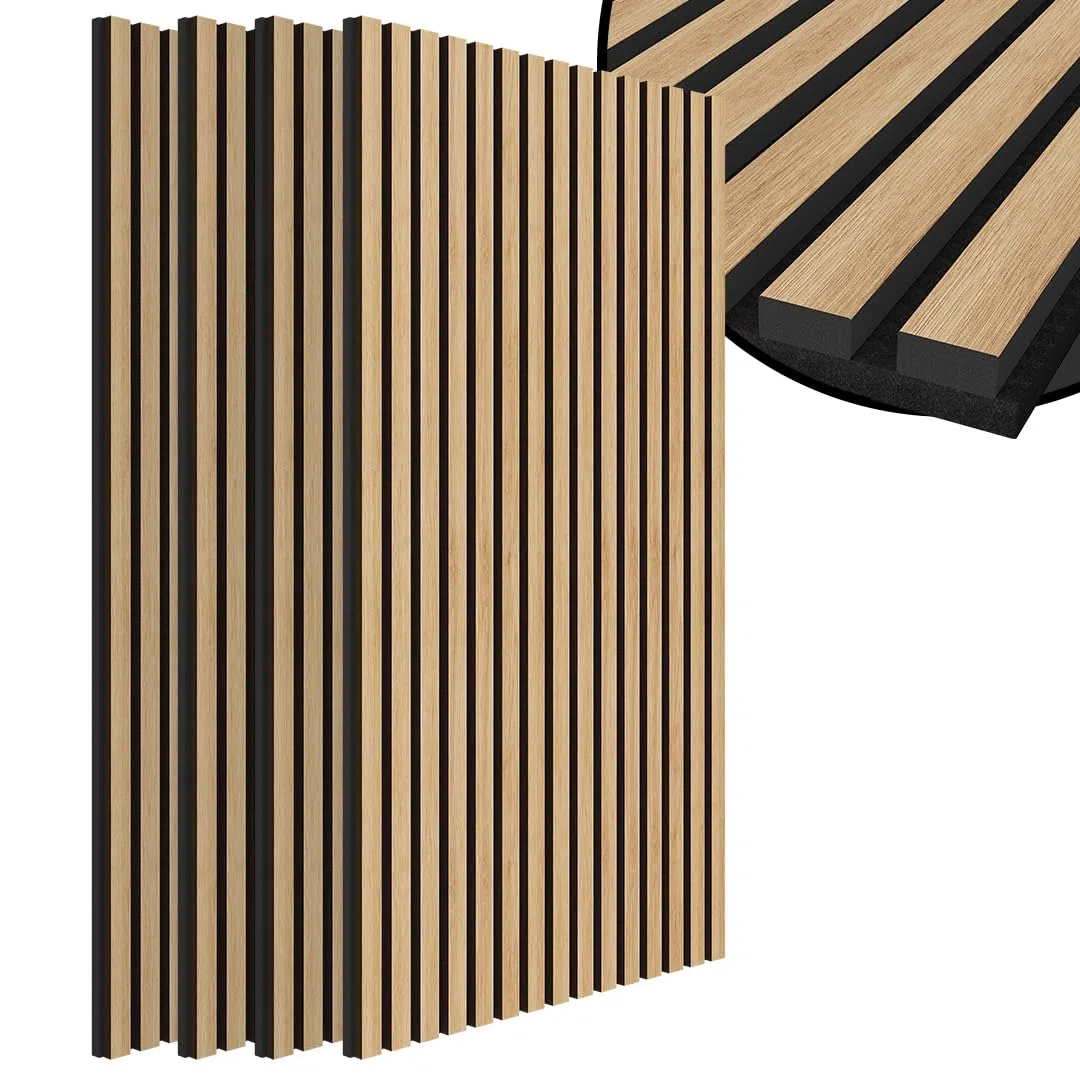 Bellamio Kilwa Akustikpaneele Holz 140x60 cm – Wandpaneele 4er Set – Wandverkleidung Holzoptik Eiche – Akustik Holzpaneele als Schallabsorber – 3D Lamellenwand Innen – Wall Panel mit Schallschutz