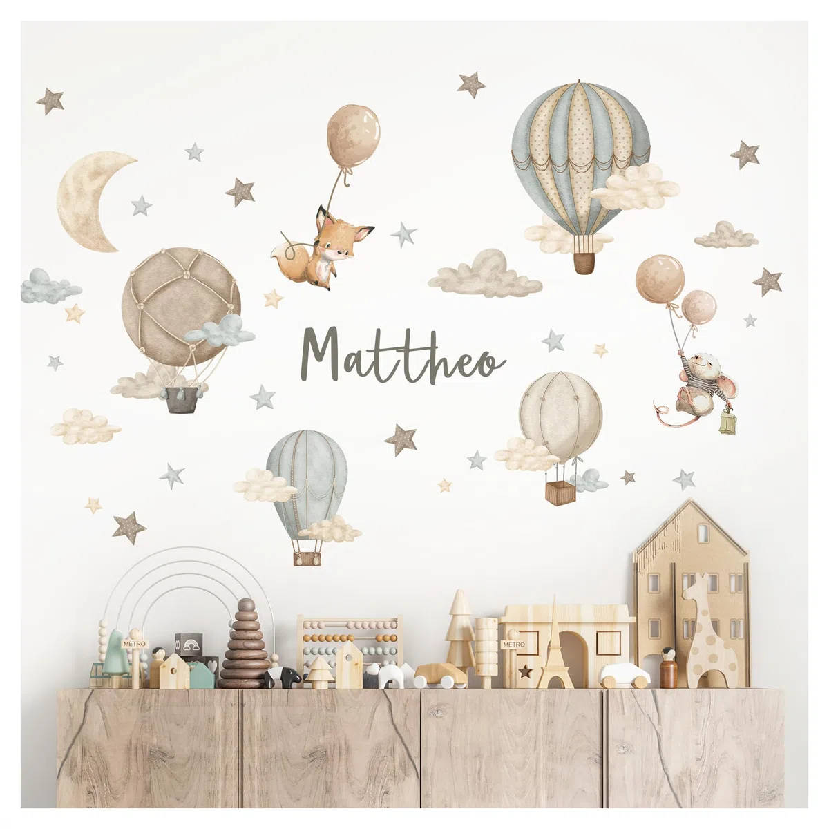 Little Deco Wandtattoo Kinderzimmer Tiere Heißluftballon personalisiert Wandsticker Fuchs Maus Wandaufkleber mit Name Babyzimmer Deko DL5095-04