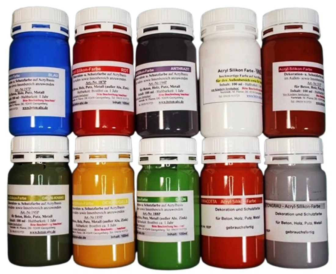 Acrylsilikon Farben 10 x 100 ml.Terracotta, Grün, Gelb, Rot, Anthrazit,Weiß,Grün Khaki, Blau, Grau, Braun- für innen und außen