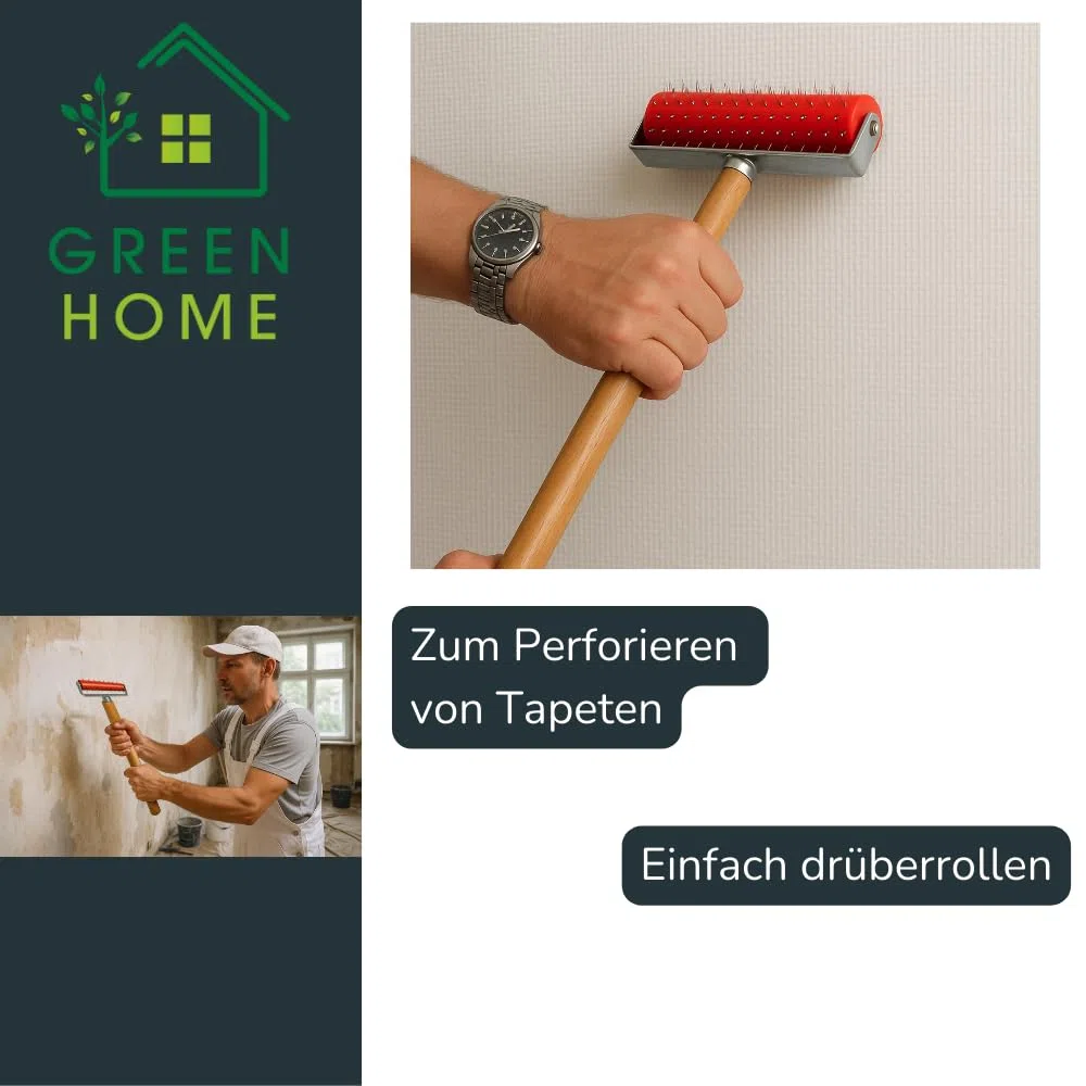 Green Home Stachelwalze Tapeten 150 x 500 mm, Nagelroller, Igelwalze, Tapetenigel zum Perforieren von Tapeten – Tapezierwerkzeug Nagelwalze Igelroller Tapezieren Stachelroller mit Holzgriff