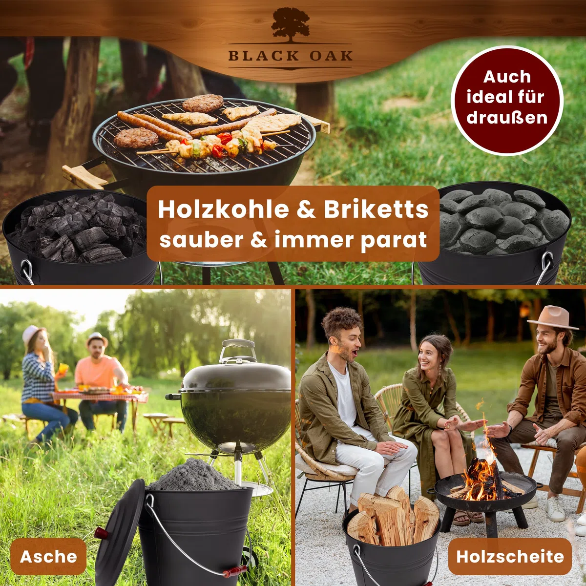 BLACK OAK Ascheeimer KATLA 15L – schwarz Deckel mit Holzknopf - groß 15 Liter - Stahl feuerfest verzinkt & pulverbeschichtet Asche & Kohle Eimer ideales Zubehör für Kamin Kachelofen Holzofen