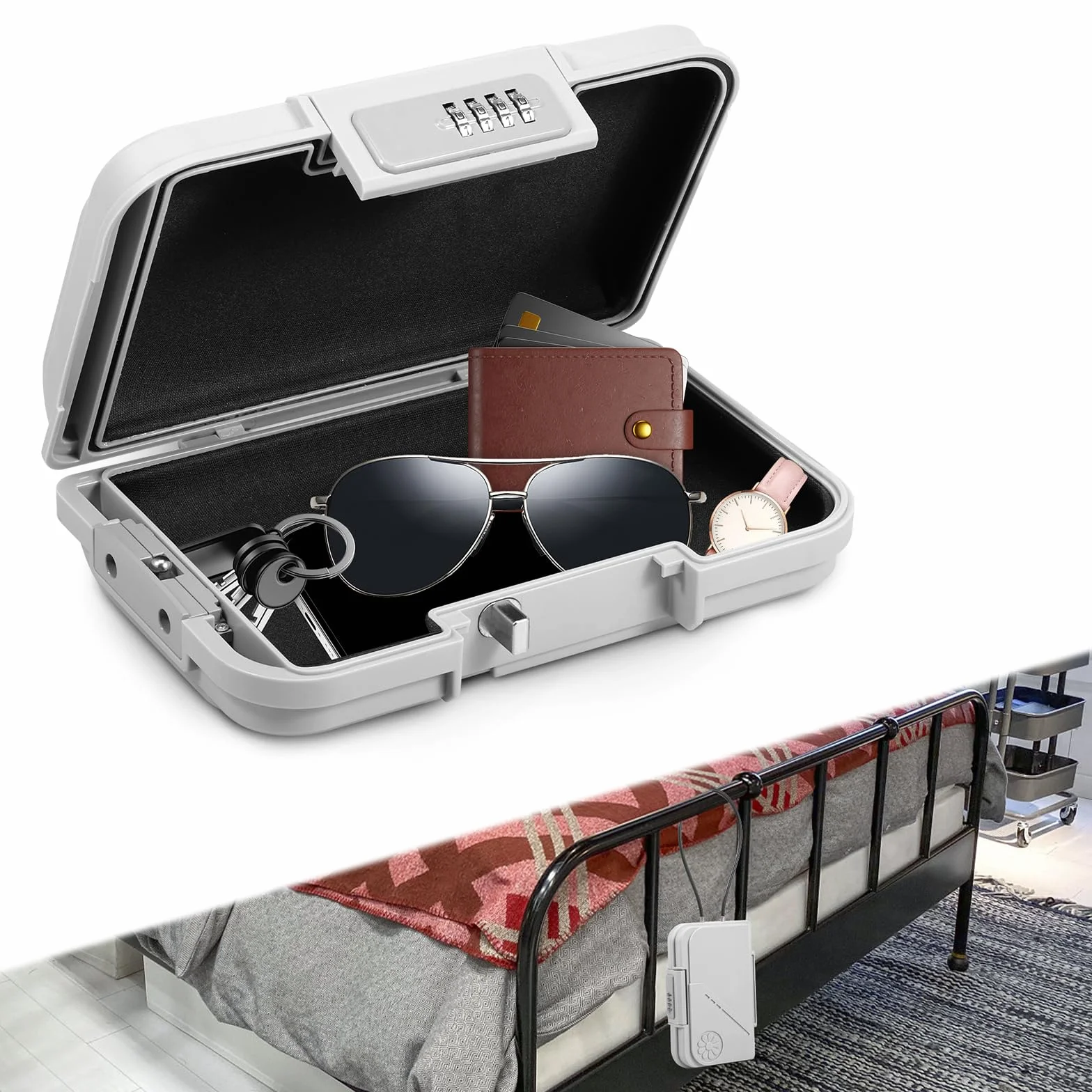 Tragbarer Tresor Wasserdicht Mini Tresor mit 4 Stellig Zahlenschloss, Schnittfest Schlagfest Strandboxen mit 7mm Dicker Abnehmbarem Drahtseil, Sicherheitsbox für Reisen Strand Auto Zuhause Büro