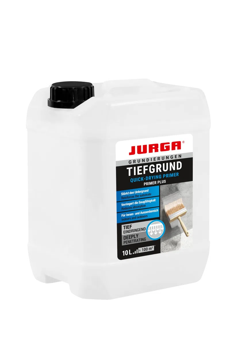 JURGA Tiefgrund LF (10L ca.50-100m²) Grundierung für Wand & Boden, Tiefengrund für Rigips Gipskarton Beton Estrich Putz SB-Platten