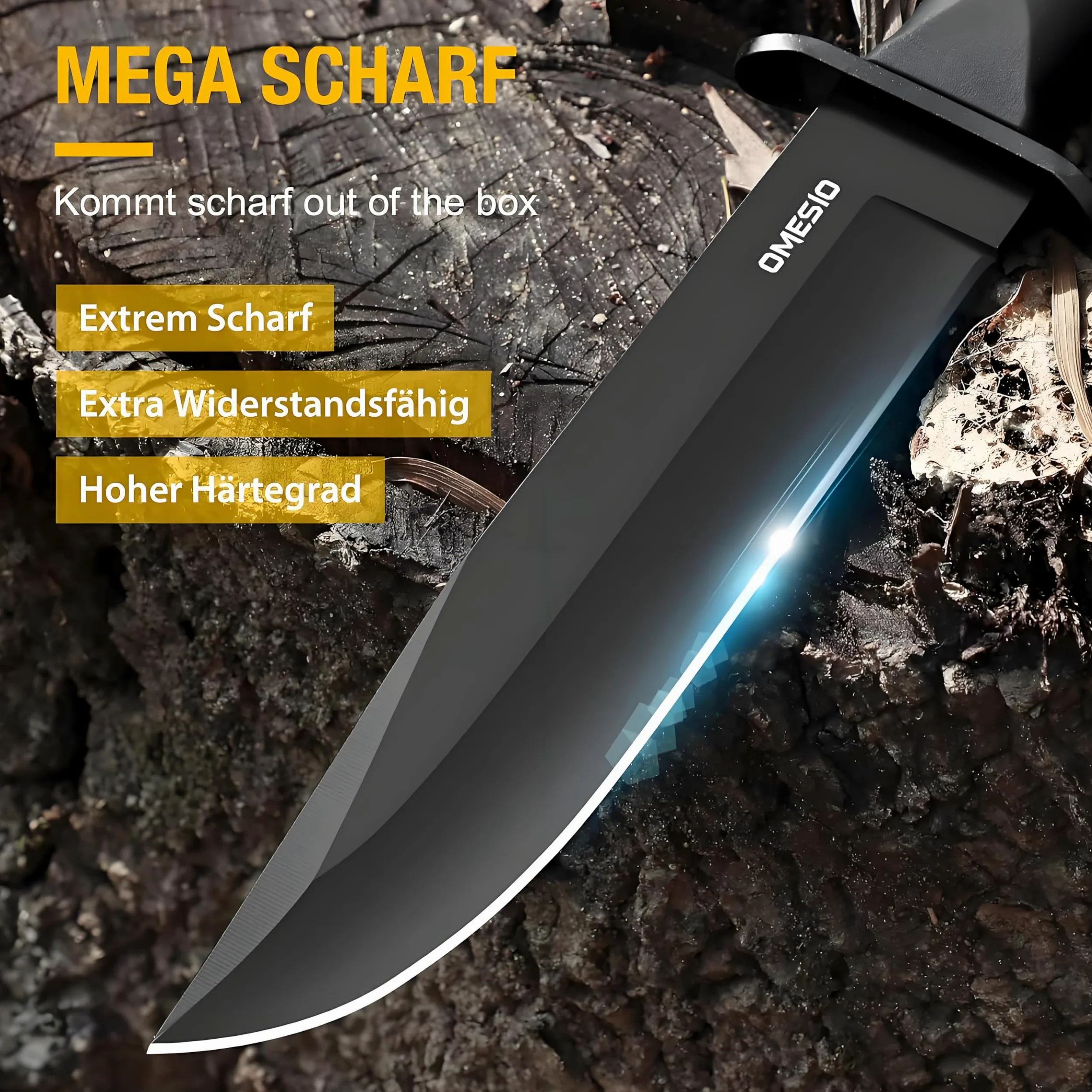 Omesio Messer outdoor, Survival Messer Überlebensmesser, Fahrtenmesser mit feststehender Klinge, feststehendes Messer Schwarz