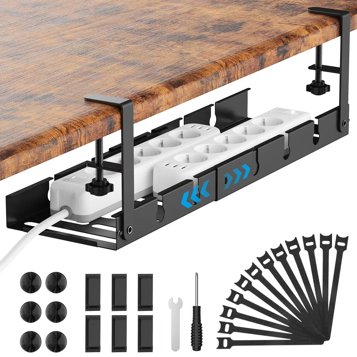 Kabelkanal Schreibtisch Ohne Bohren Schwarz, 33-55cm Verstellbarer Kabelmanagement Schreibtisch für Kabelversteck, Einziehbar Kabelwanne Ideal für Büro und Home, mit 22 Kabel Organizer Zubehörteilen