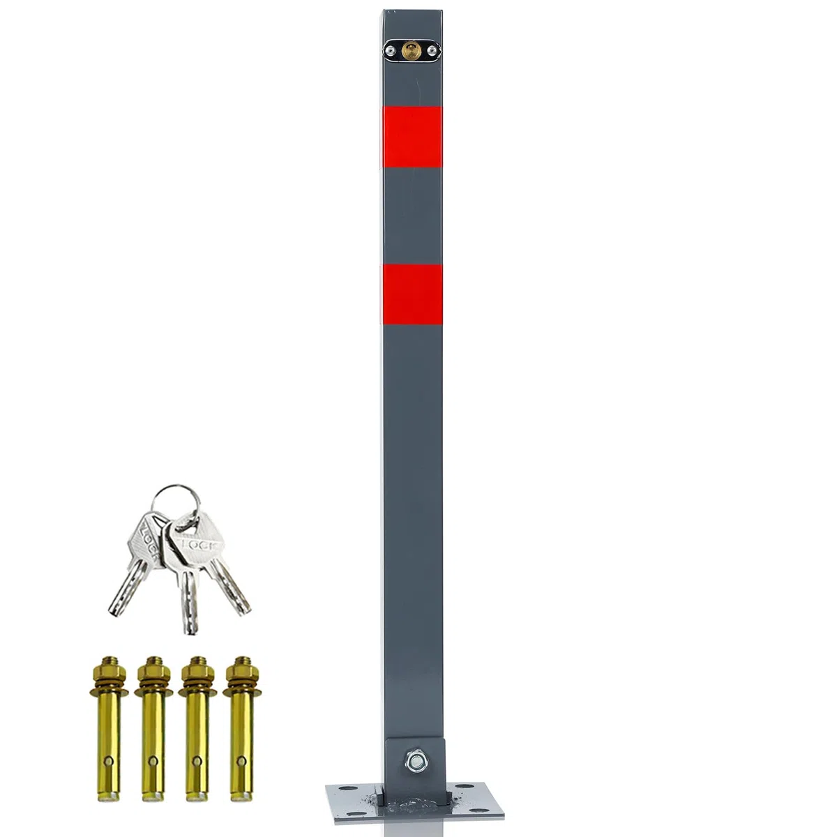 Parkplatzsperre, Parkplatzsperre klappbar, manueller Absperrpfosten Parkpfosten Poller mit 3 Schlüsseln und 4 Dehnschrauben, Stahl Sperrpfosten mit Reflexstreifen