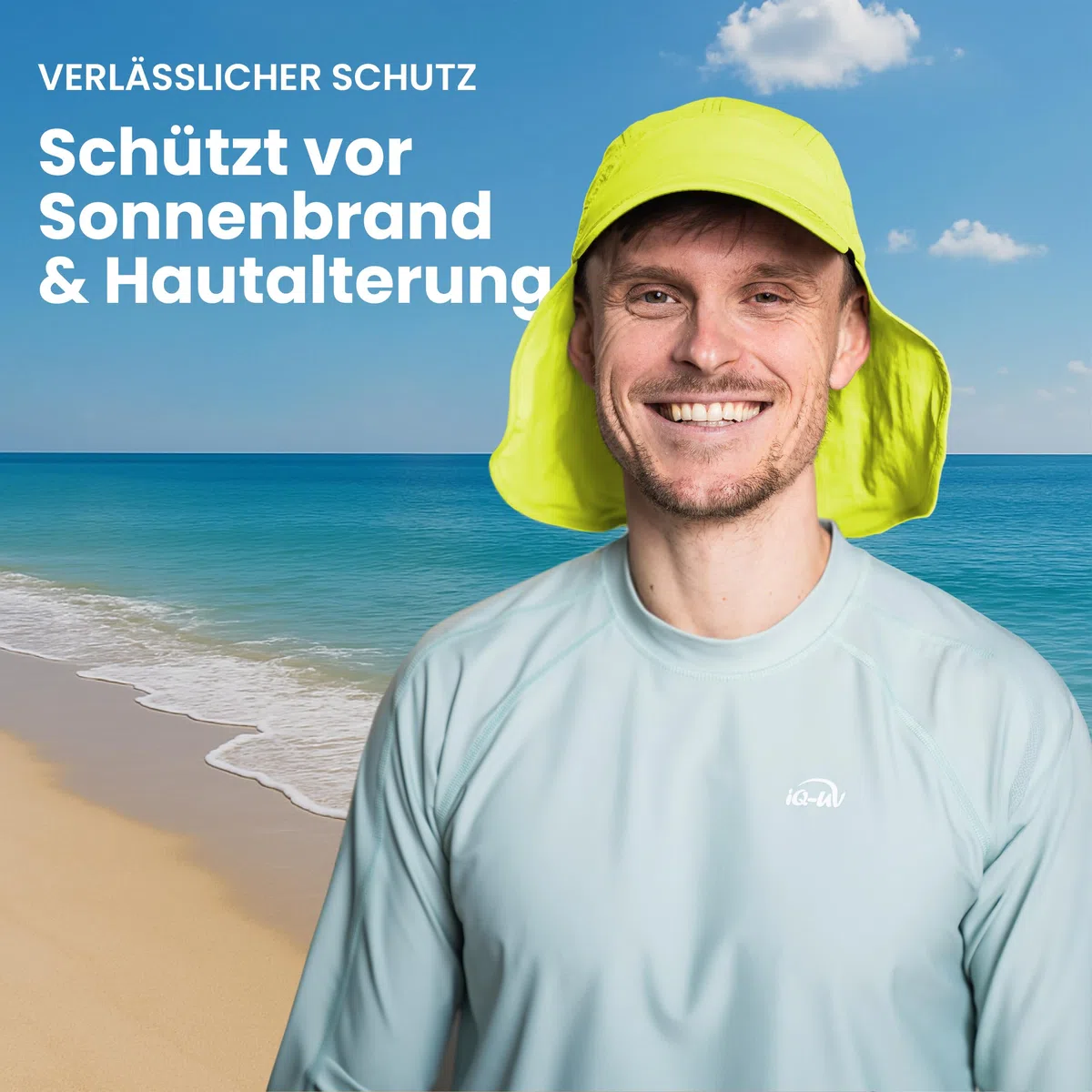 iQ-UV Schutz Kappe mit Nackenschutz Unisex Blau 55-61cm – Sonnenschutz Kappe UPF 50+ Tüv geprüft – Atmungsaktive Cap für Herren & Damen
