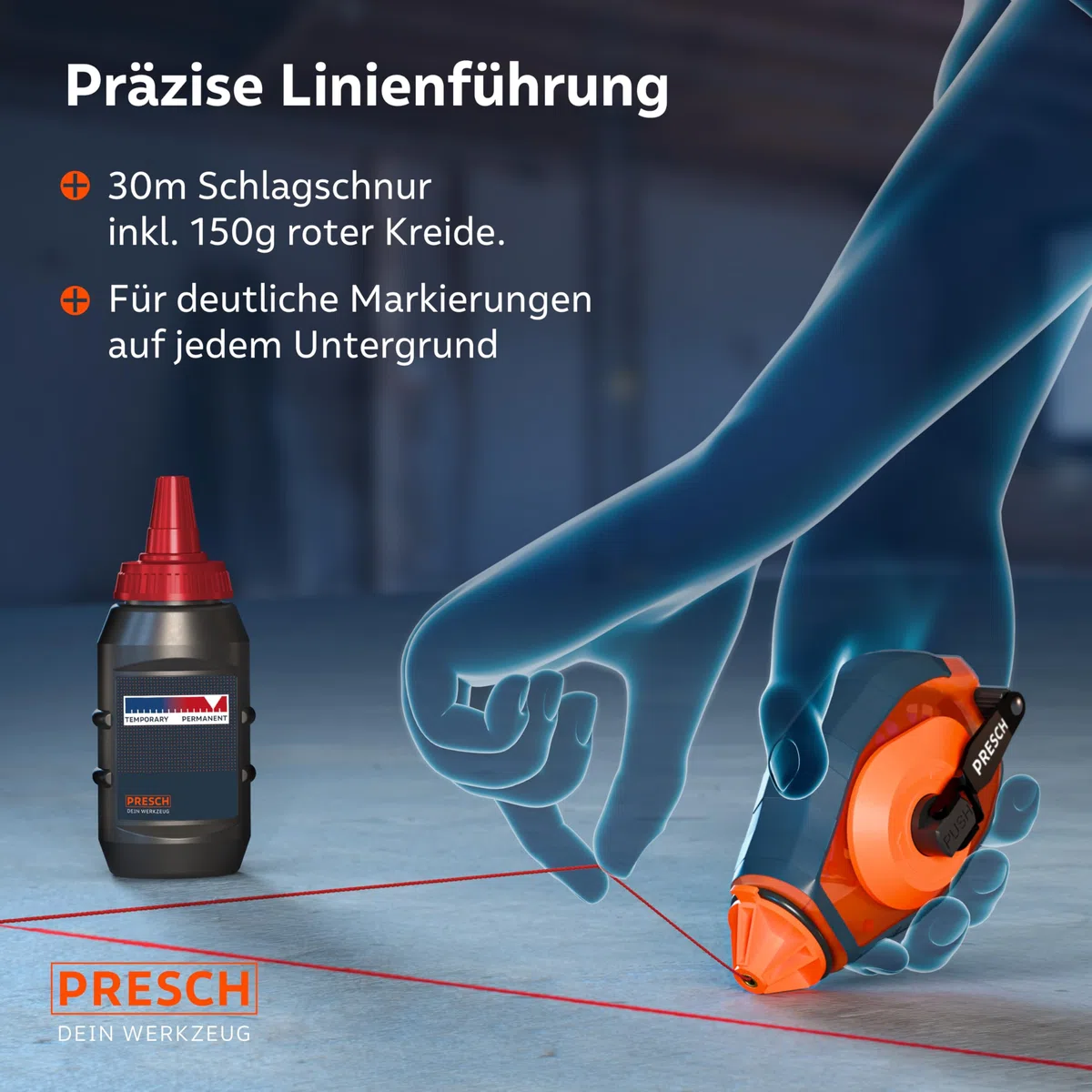 PRESCH Schlagschnur 30m inkl. roter Kreide (150g) – Schneller Rücklauf dank 6:1 Getriebe - Wasserabweisende Kreide für langlebige Markierungen – Robuste Schnur für präzise Linien