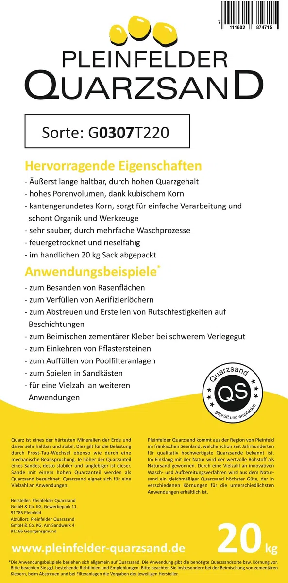 Fugensand, Einkehrsand, feuergetrockneter Quarzsand, rieselfähig, Körnung: 0,3-0,7mm, 20kg Säcke