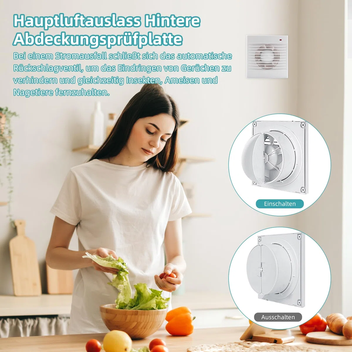 Badlüfter 100mm mit Rückschlagventil, 142m³/h Abluftventilator, Rohrventilator, für Badezimmer, Küchen und Schlafzimmer den Einbau in Fenster und Wände, Weiß