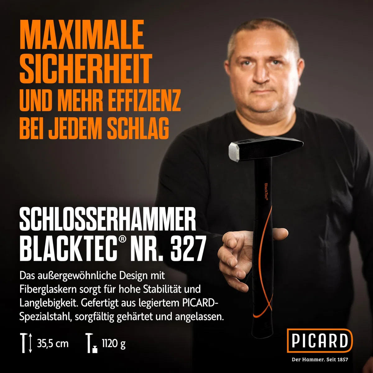 PICARD Schlosserhammer BlackTec FS Nr. 327 800g | Ergonomischer 3-Komponenten-Stiel | Schwingungsarm | Spezialstahl | DIN 1041 | Profi-Qualität für Schlosser und Klempner | Made in Germany seit 1857