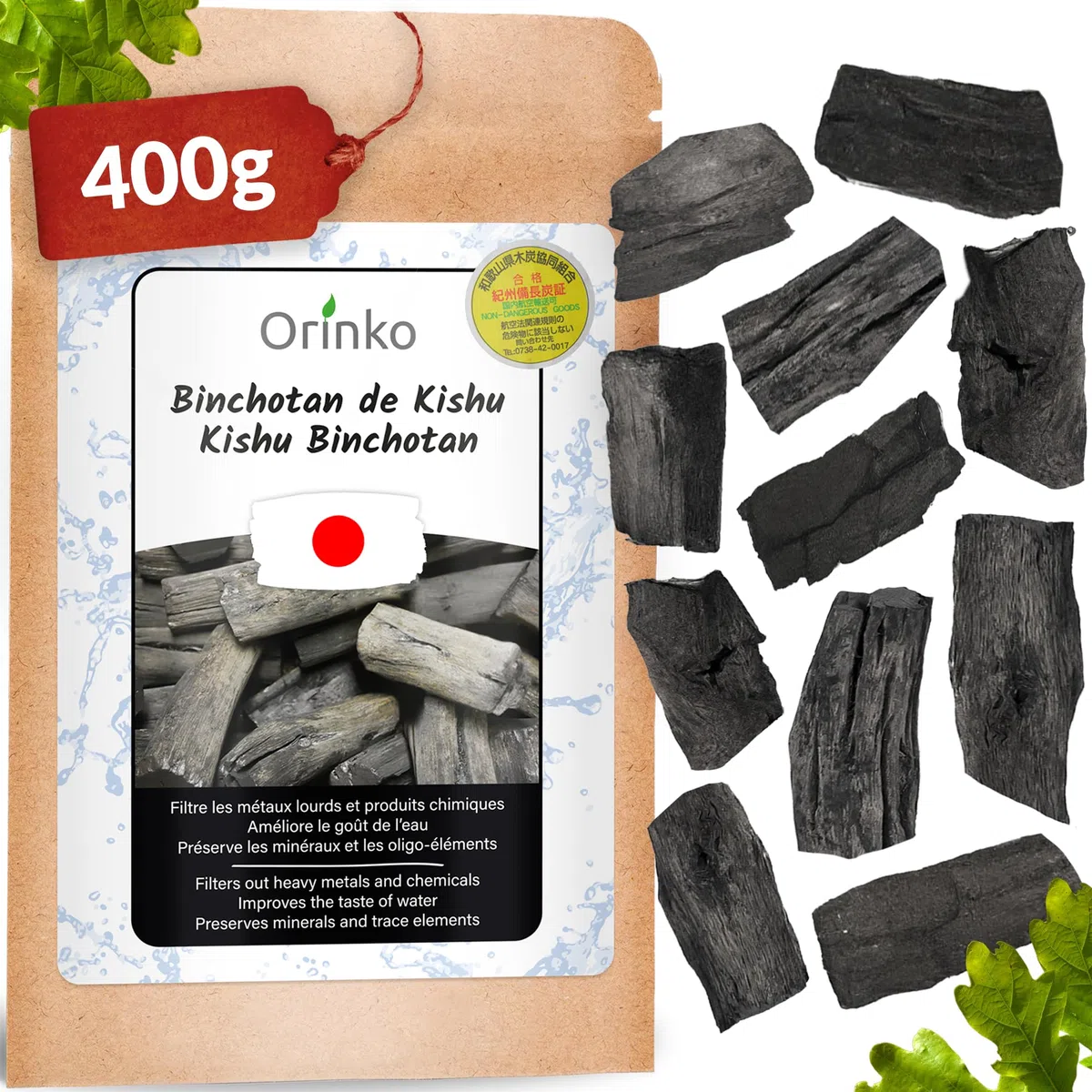 ORINKO Japanischer Kishu Binchotan Bio 400 g – Aktivkohlefilter Wasser aus Wakayama-Ubame-Eiche – Natürliche Wasserreinigung für Karaffen