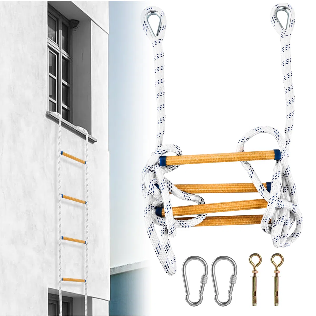Tragbare Feuerleiter Strickleiter, 2m Feuerleiter Sicherheitsleiter, Strickleiter Erwachsene mit Karabinern, Rettungsleiter für Outdoor Balkon Fenster Geländer, Tragfähigkeit bis 300 kg