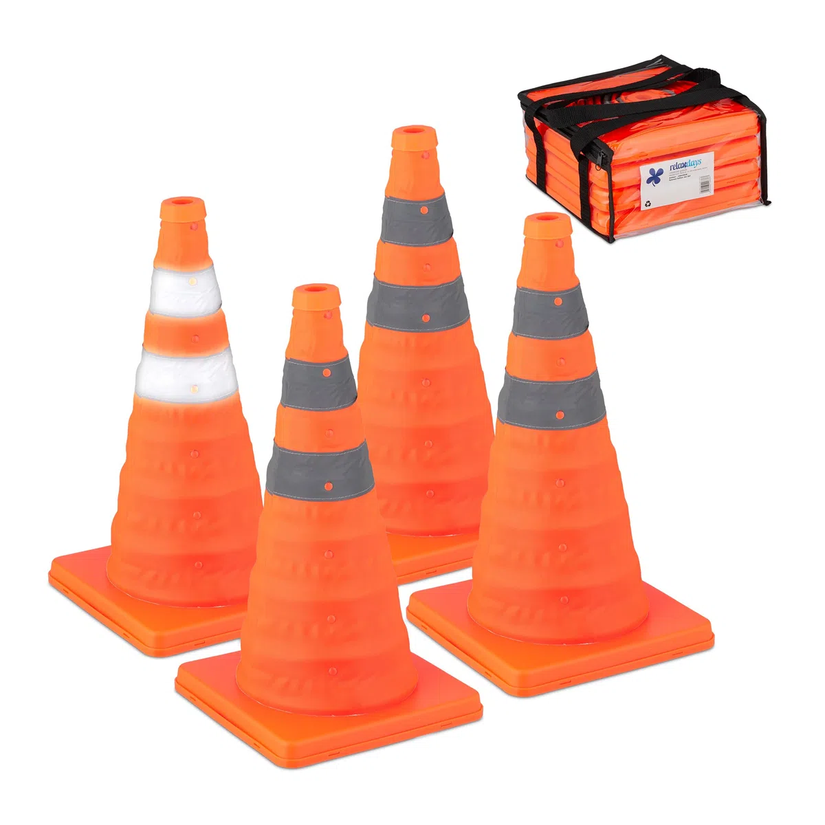 Relaxdays Pylonen Groß, 4er Set Leitkegel Faltbar, Reflektor-Streifen, Faltkegel, HBT 45 x 24,5 x 24,5 cm, Orange/Silber