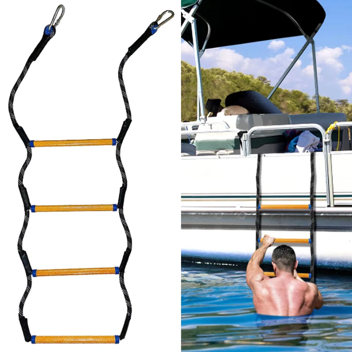 Aisny 4 Stufen Bootsleiter Marine Strickleiter, Feuerleiter Kletterhilfe für Jagd, Bootsleiter Klappbar, Abnehmbar für Schlauchboot, Kajak