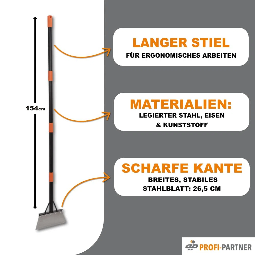 Flachkopfschaufel 154 cm – breite Klinge 26,5 cm – aus legiertem Stahl – kräfteschonend für Wege, Garten, Hof & Schnee - Stoßscharre/Bodenschaber für EIS, Schnee, Moos