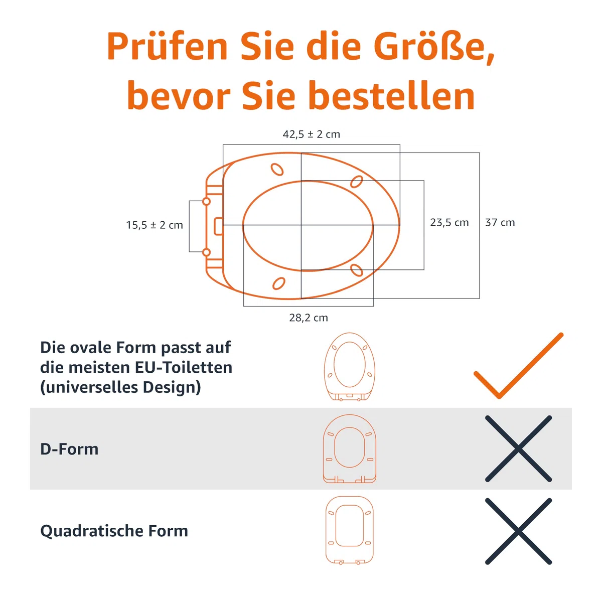 Amazon Basics Oval Robuster WC-Sitz aus Urea-Material mit Absenkautomatik, leicht abnehmbar, 37 x 42.5 cm, Universalgröße, Weiß