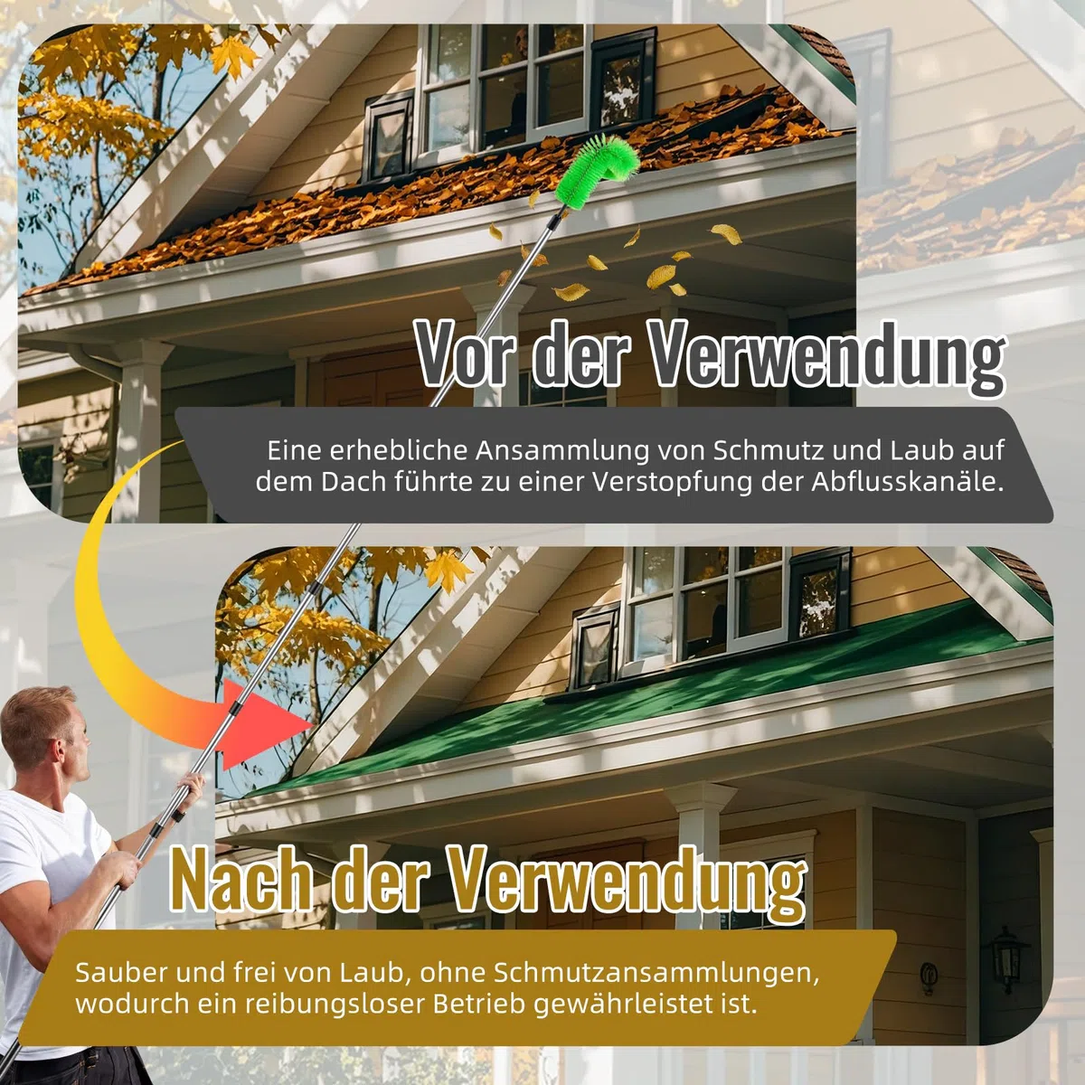 350cm Dachrinnenreiniger Dachrinnenbürste, Aartner Dachrinnenreiniger mit Teleskopstiel DachrinnenReinigungsbüRste Von BläTtern, Schmutz, Fenstern, Dachrinnen (Brush + 9 Rods + Scoop)