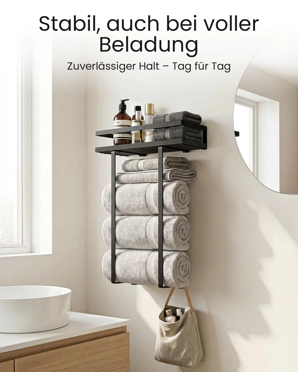 Handtuchhalter Bambus mit schwarzen Metallrahmen, 40x14x42cm, Handtuchregal mit modernem Design, Metall Holz Wandmontage Handtuchhalterung, Badezimmer Zubehör Möbel (Schwarz)