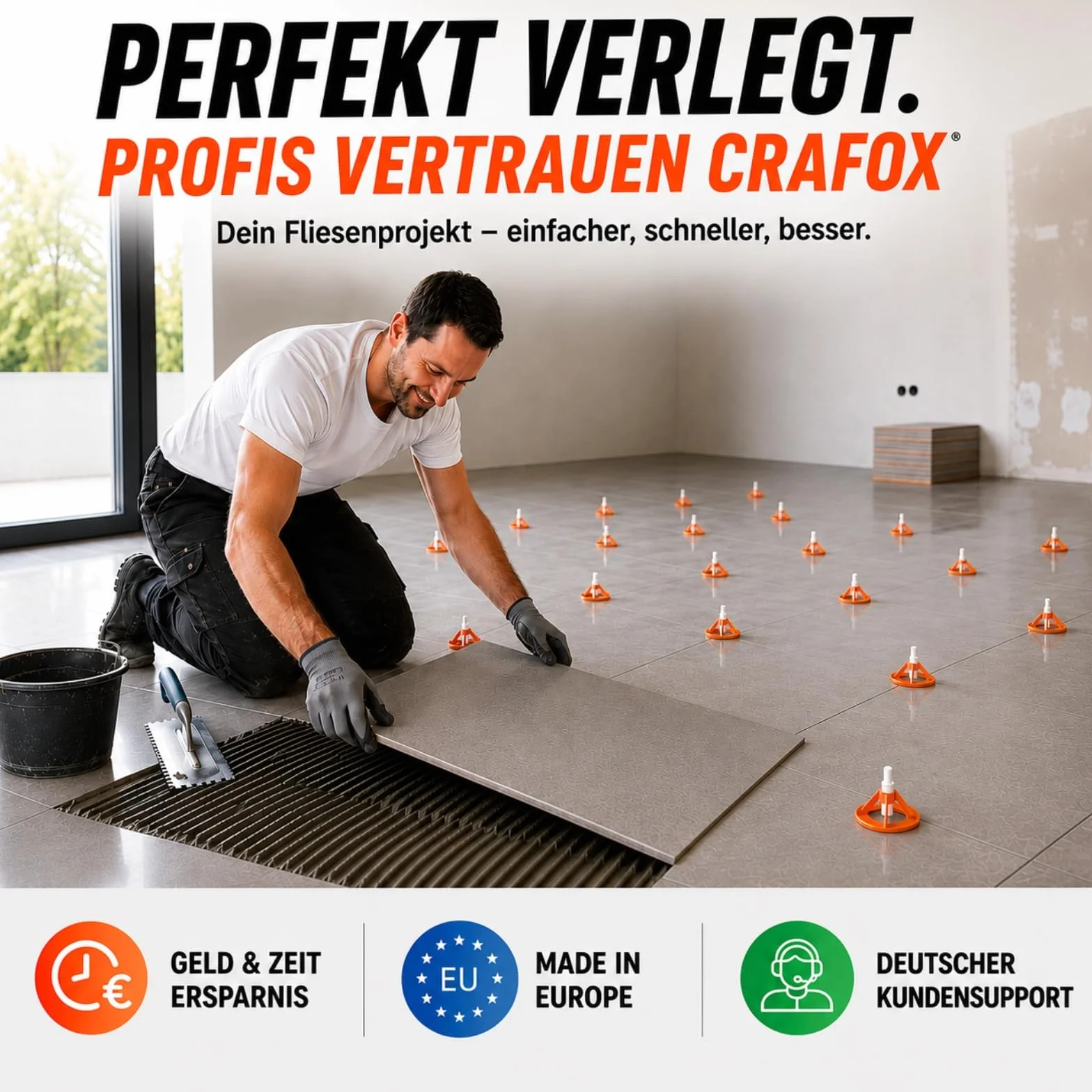 CRAFOX Fliesen Nivelliersystem 2mm – 150 Laschen & 100 Hauben – Perfekte Fugen ohne Versatz – Profi Fliesen Abstandshalter – Verlegehilfe Plan für Profi & Heimwerker - STARTER Set