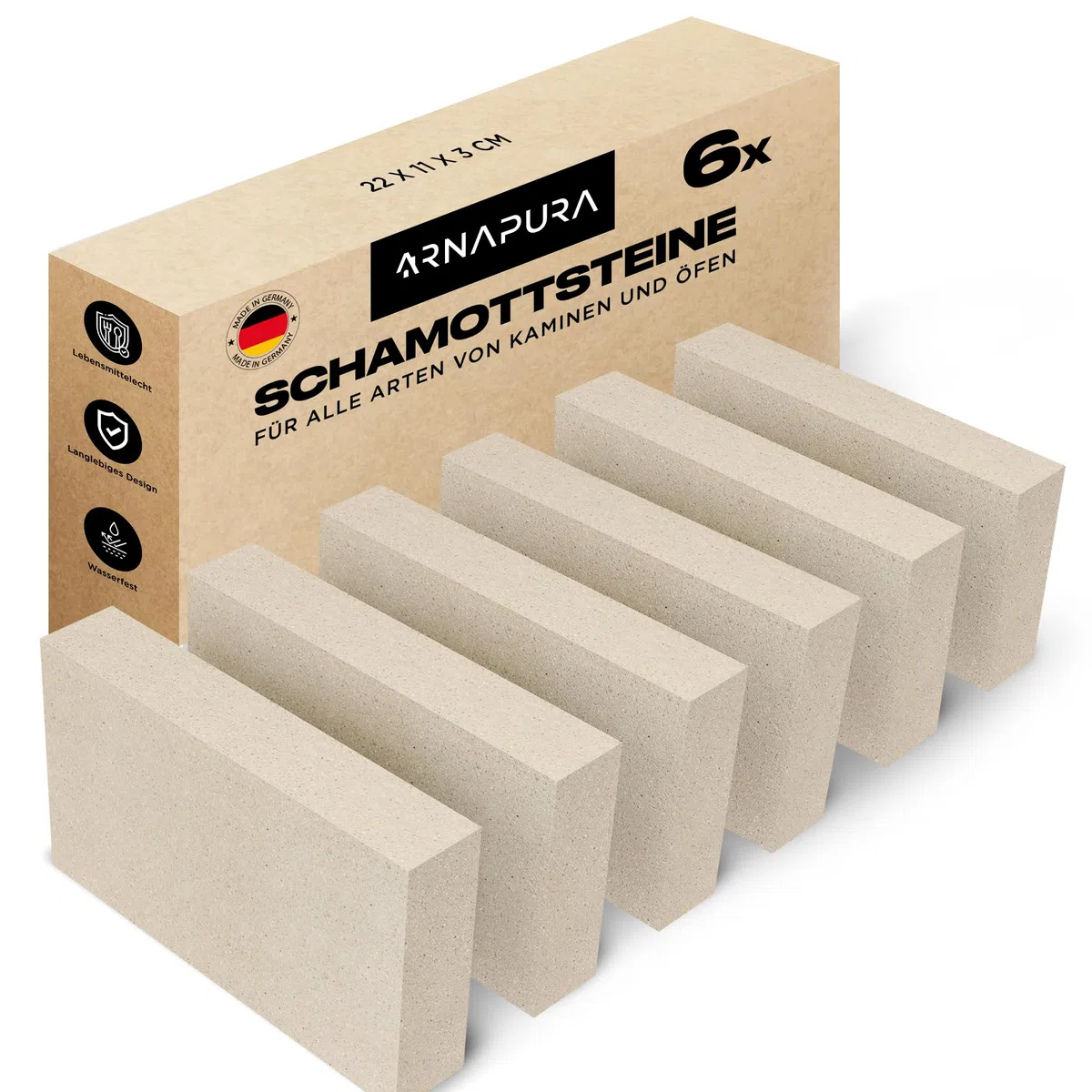 Pack 6 Schamottsteine 22 x 11 x 3 cm | Hergestellt aus Feuerfester Tonerde | Schamotteplatten Perfekte Feuerziegel für Kamine, Öfen und Grills