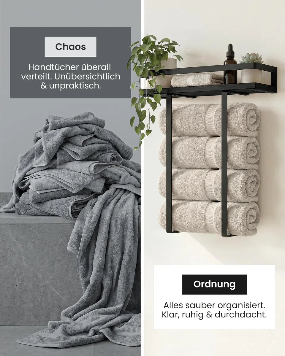 Handtuchhalter Bambus mit schwarzen Metallrahmen, 40x14x42cm, Handtuchregal mit modernem Design, Metall Holz Wandmontage Handtuchhalterung, Badezimmer Zubehör Möbel (Schwarz)