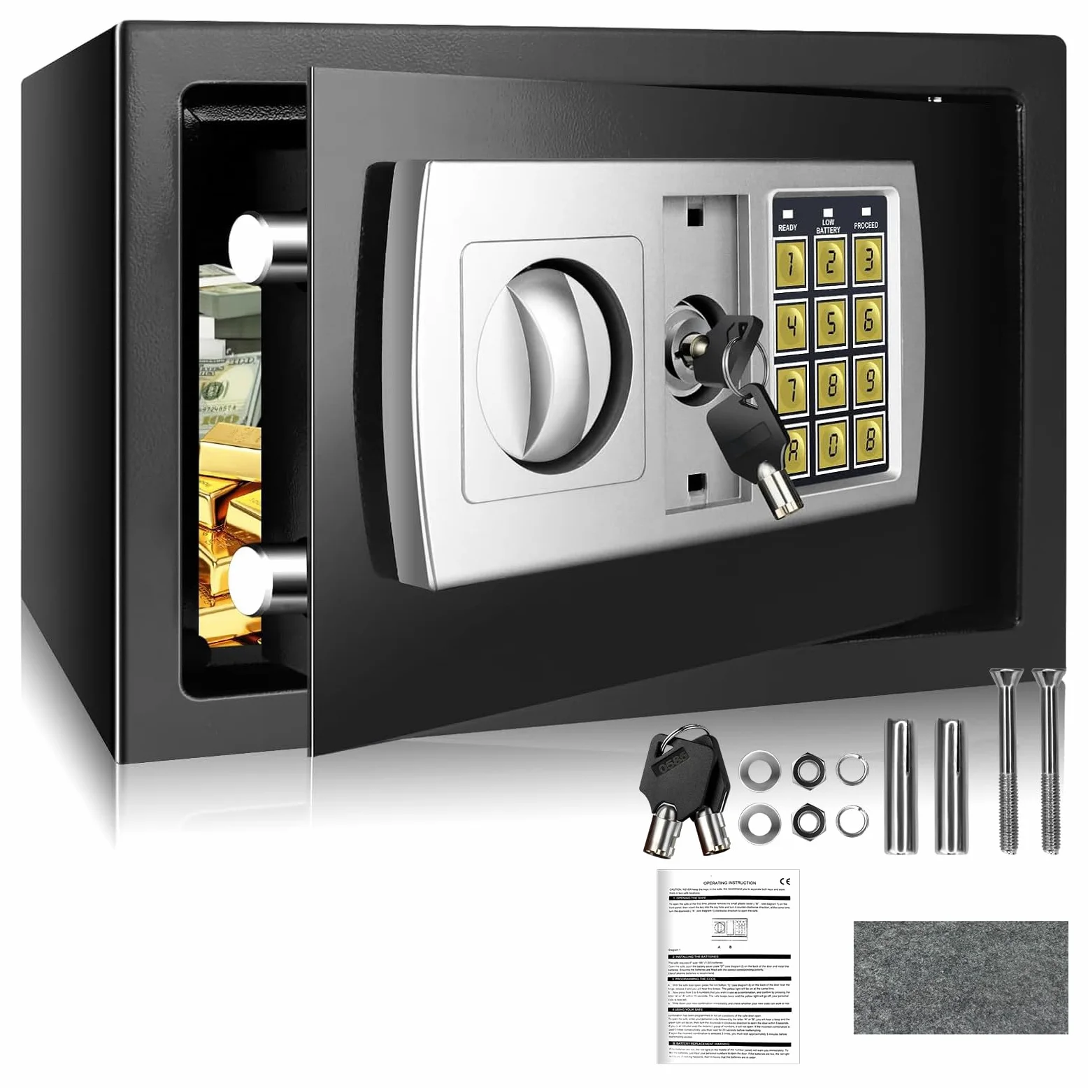 Feuerfest Wasserdicht Tresor für Zuhause mit Schlüsselschloss,8.5L Tragbarer Tresor Für Bargeld Medikamente Schmuck, Schwarz 30 B x 20 T x 20 H cm