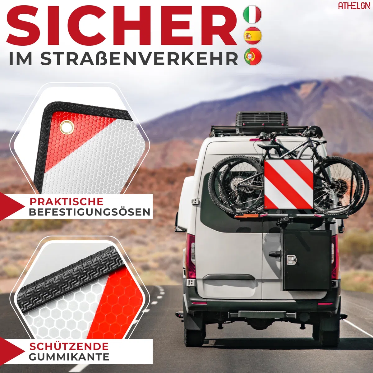 ATHELON® 3in1 Warntafel für Italien, Spanien & Portugal - Hochwertige Warntafel Italien für Fahrradträger & Wohnmobil - Reflektierendes Warnschild