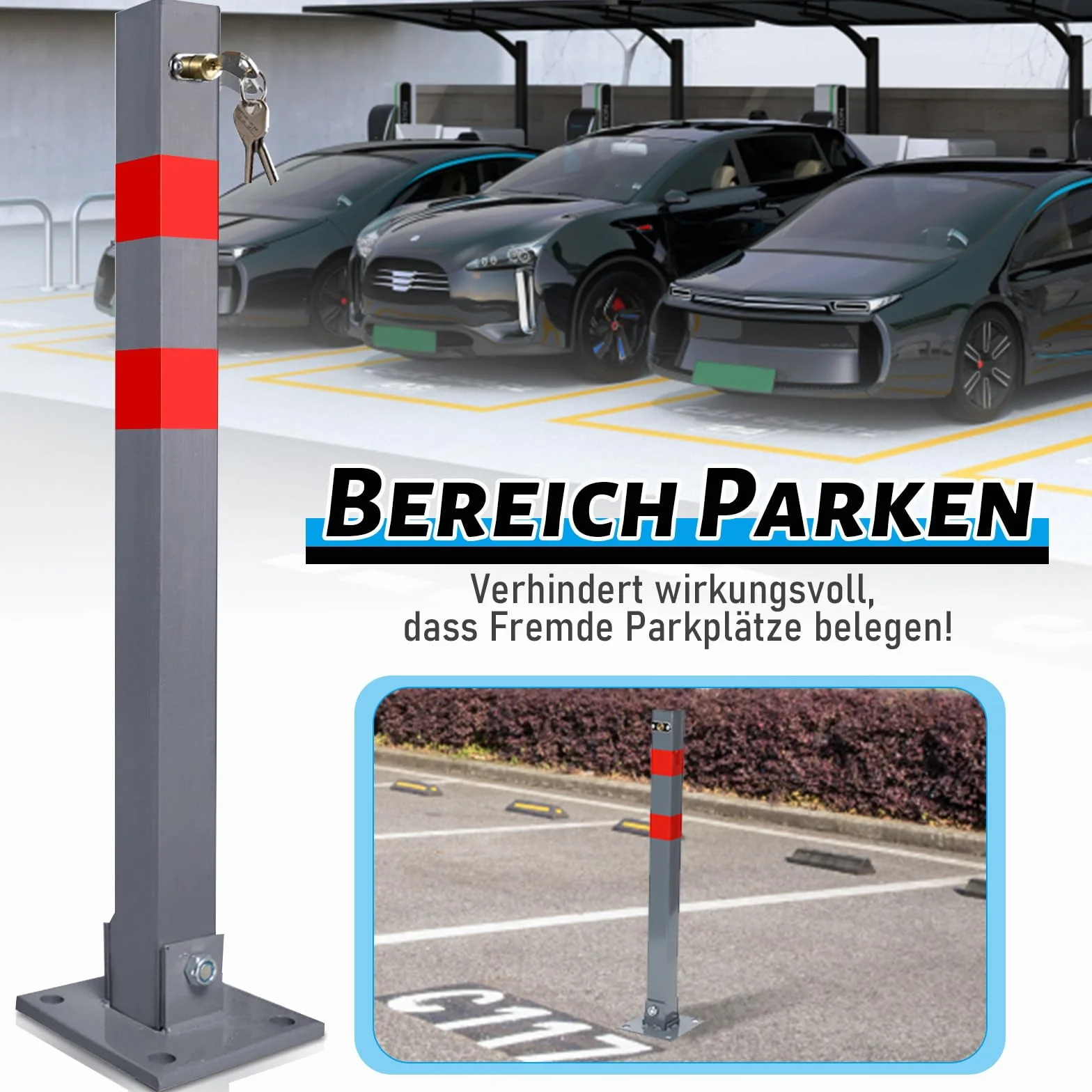 Parkplatzsperre, Parkplatzsperre klappbar, manueller Absperrpfosten Parkpfosten Poller mit 3 Schlüsseln und 4 Dehnschrauben, Stahl Sperrpfosten mit Reflexstreifen