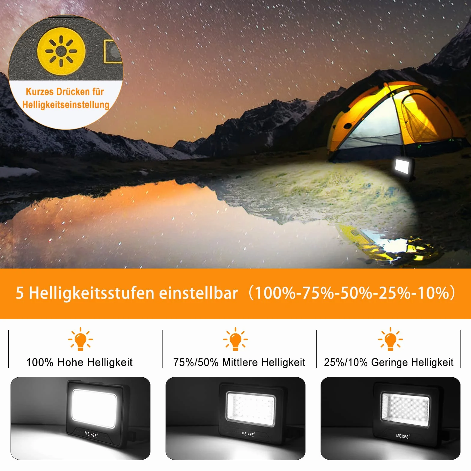 MEIKEE 80W LED Baustrahler 12000MAH Led Arbeitsleuchte Akku Strahler 4 Lichtmodi Campinglampe Tragbar 5 Helligkeiten Solar USB-Aufladung Akku Lampe für Camping, Garage, Bau, Reparatur, Notfall