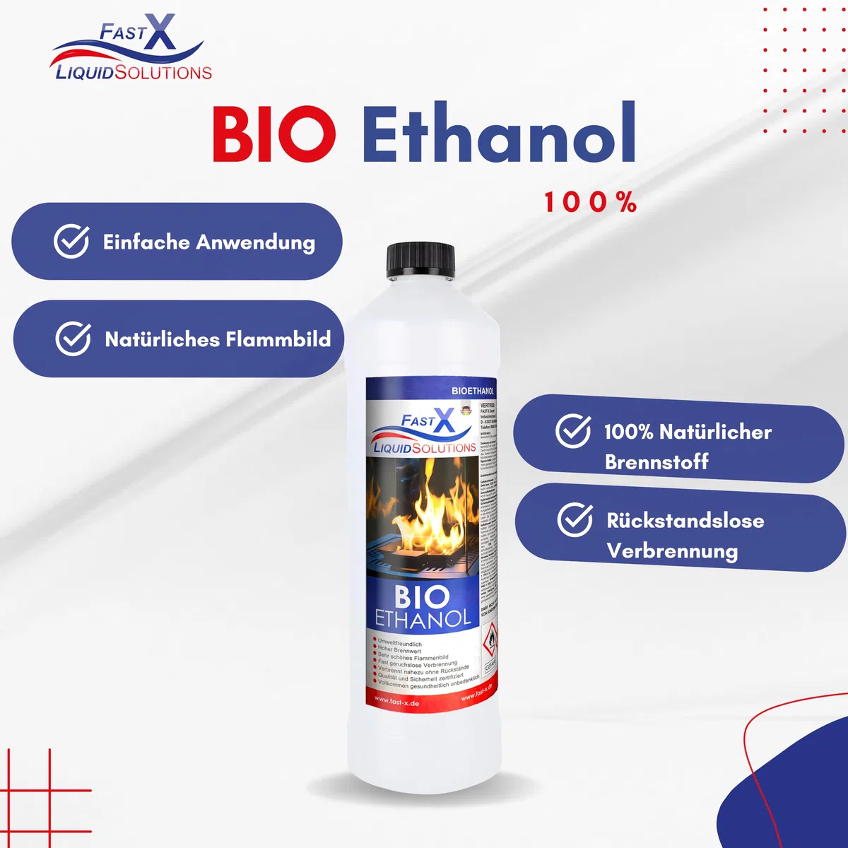 Fast X Bio Ethanol 6x1L - 100% Natürlich, für Ethanolkamine & Alkoholbrenner. Umweltfreundlich & geruchsfrei, sicher für Raum- & Gartenfeuer mit rückstandsloser Verbrennung