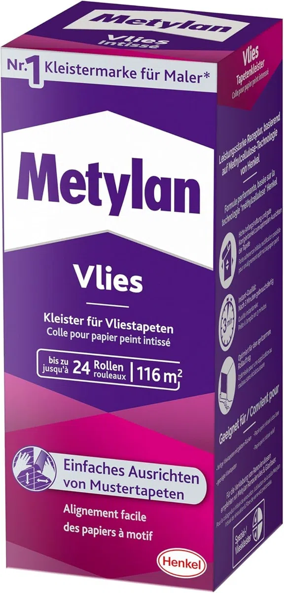 Metylan Vlies, Tapetenkleister für Vliestapeten mit glatter oder strukturierter Rückseite, einfach zu verwendender Tapetenkleister, Kleister mit hoher Ergiebigkeit, 1x720g