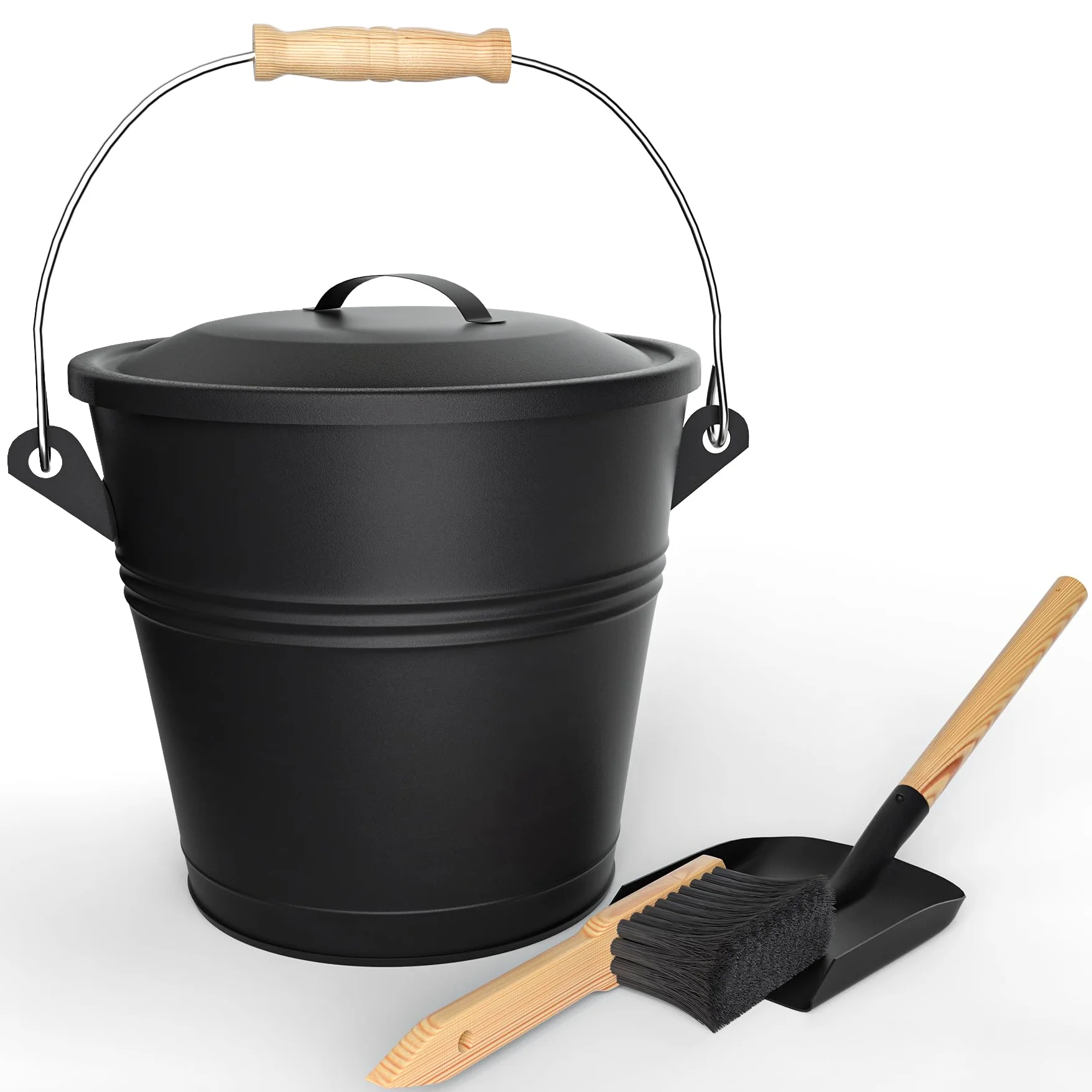 VOUNOT® Ascheeimer mit Deckel, Feuerfest Metall Kohleeimer 5L mit Schaufel und Handbesen, Werkzeugset Zubehör für Kamin, Feuerstelle und Holzofen, Schwarz