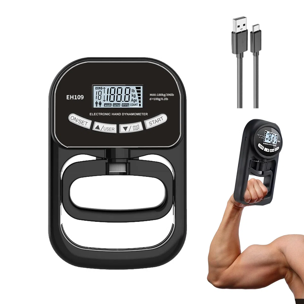 Digitaler Handkraftmesser mit Speicher, Bis 180 kg Messbereich - Verstellbare Griffe & 19 Benutzerprofile - LCD-Display & Stärkeanalyse - Für Training, Therapie & Leistungssport (Schwarz)