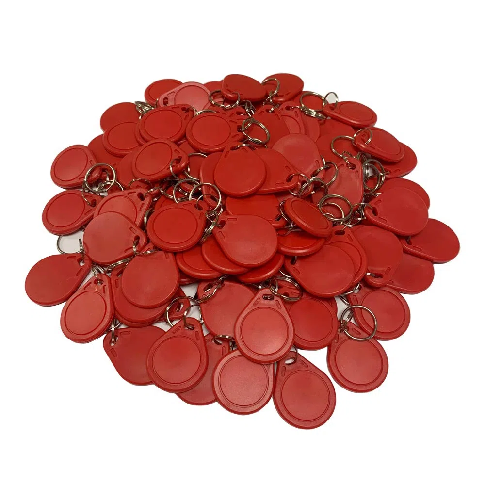 (Packung mit 100) 13,56 MHz RFID Zugangskontrolle Keyfobs Proximity MF 1k Schlüsselanhänger Smart IC Keycard für Tür Home System nfc Token-Tag (Red)