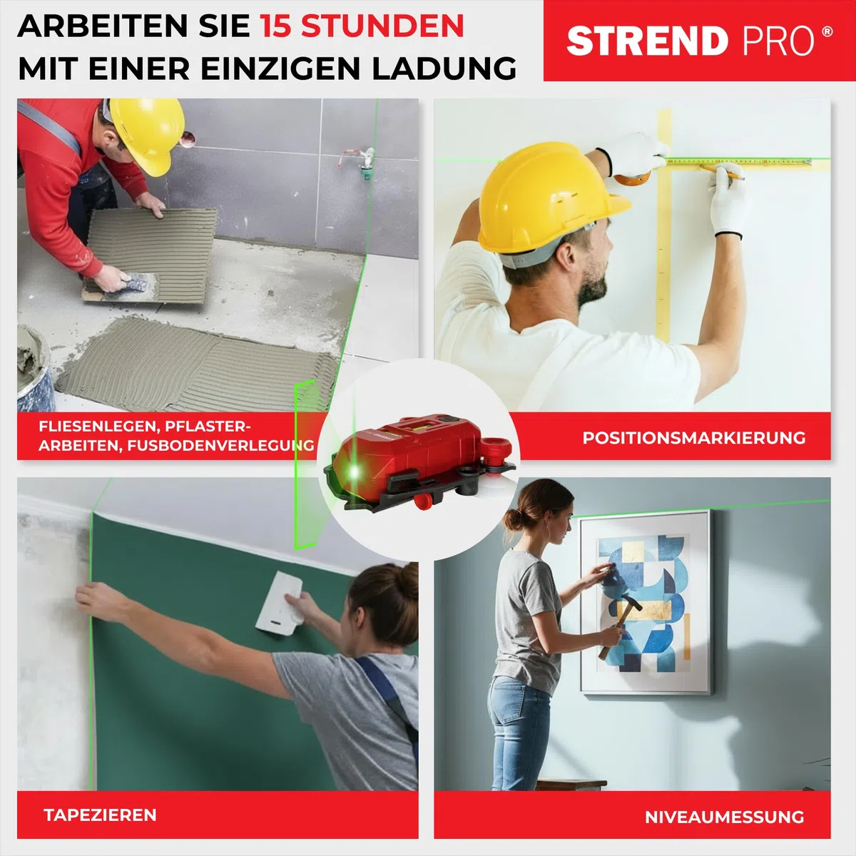STREND PRO Laser Wasserwaage Grün | 2-in-1 Linienlaser & Laser Level | USB-Aufladung | Laserwasserwaage für Boden | Magnetfuß, Feineinstellung | Laser-Nivelliergerät | Profi Werkzeug mit Winkelmesser